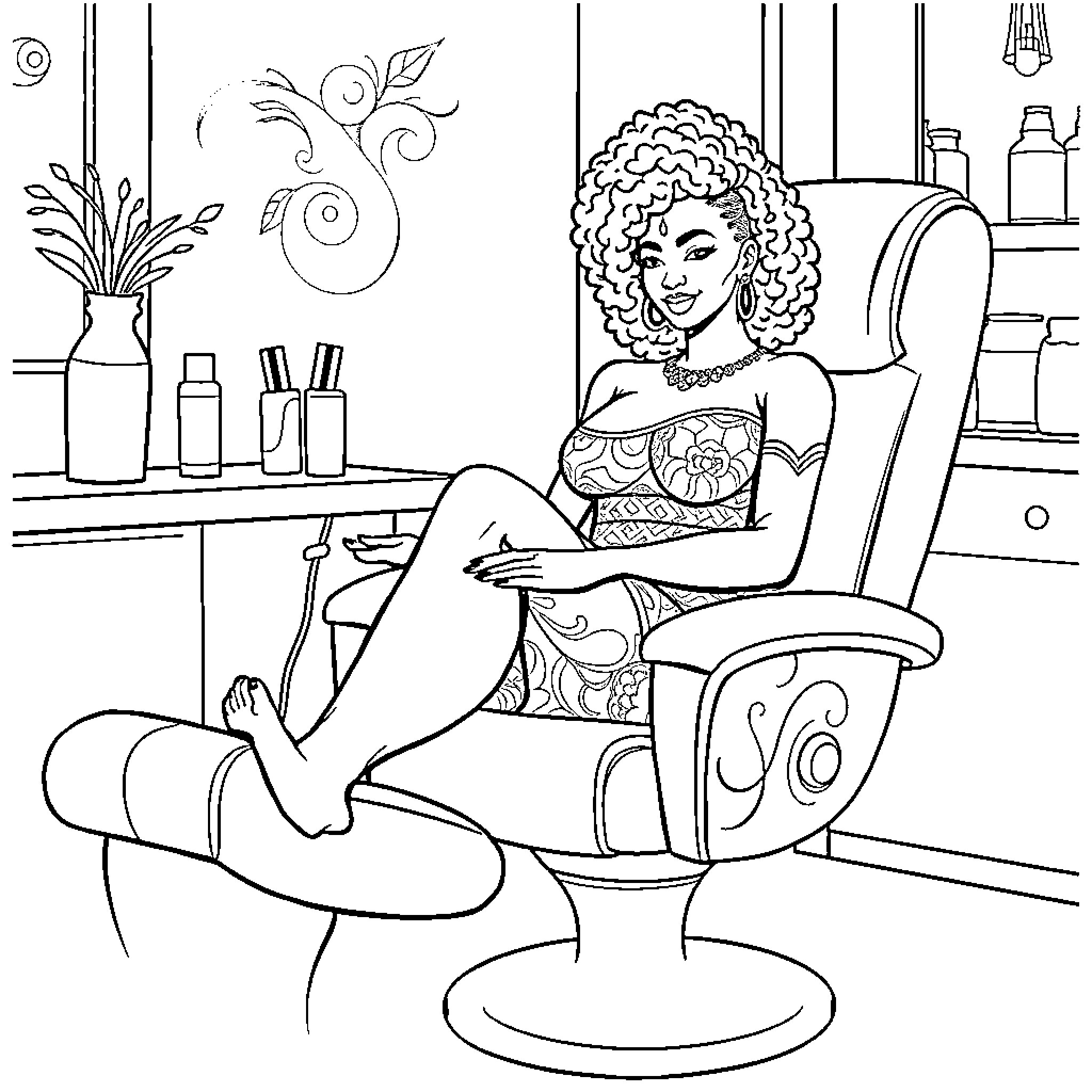Ashoka Tano relaxing in a salon chair Coloring Page (free black-and-white line drawing printable PDF for all, from beginners to advanced learners, including children, teens, adults, and seniors)