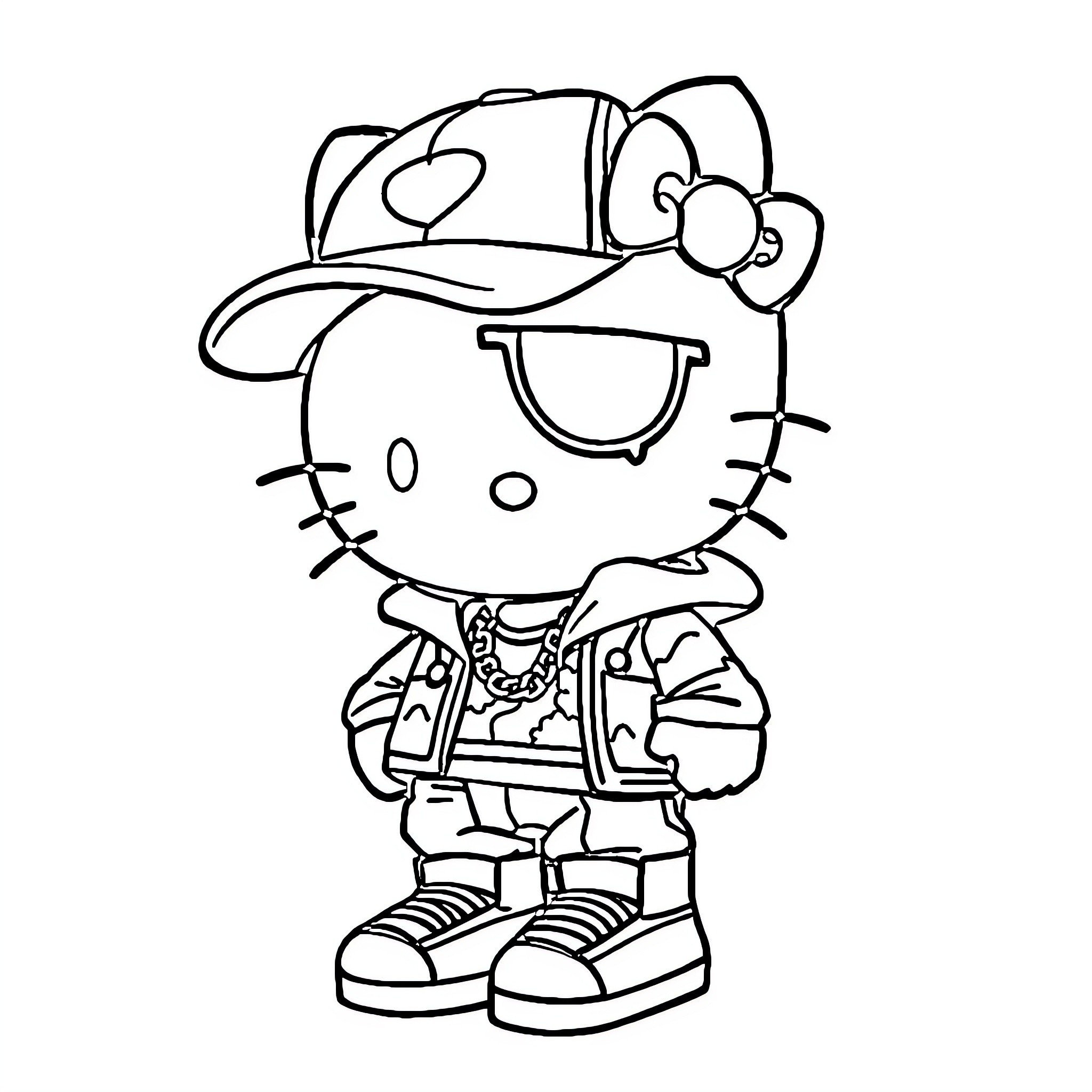 Hello Kitty in Casual Outfit Coloring Page (free black-and-white line drawing printable PDF for all, from beginners to advanced learners, including children, teens, adults, and seniors)