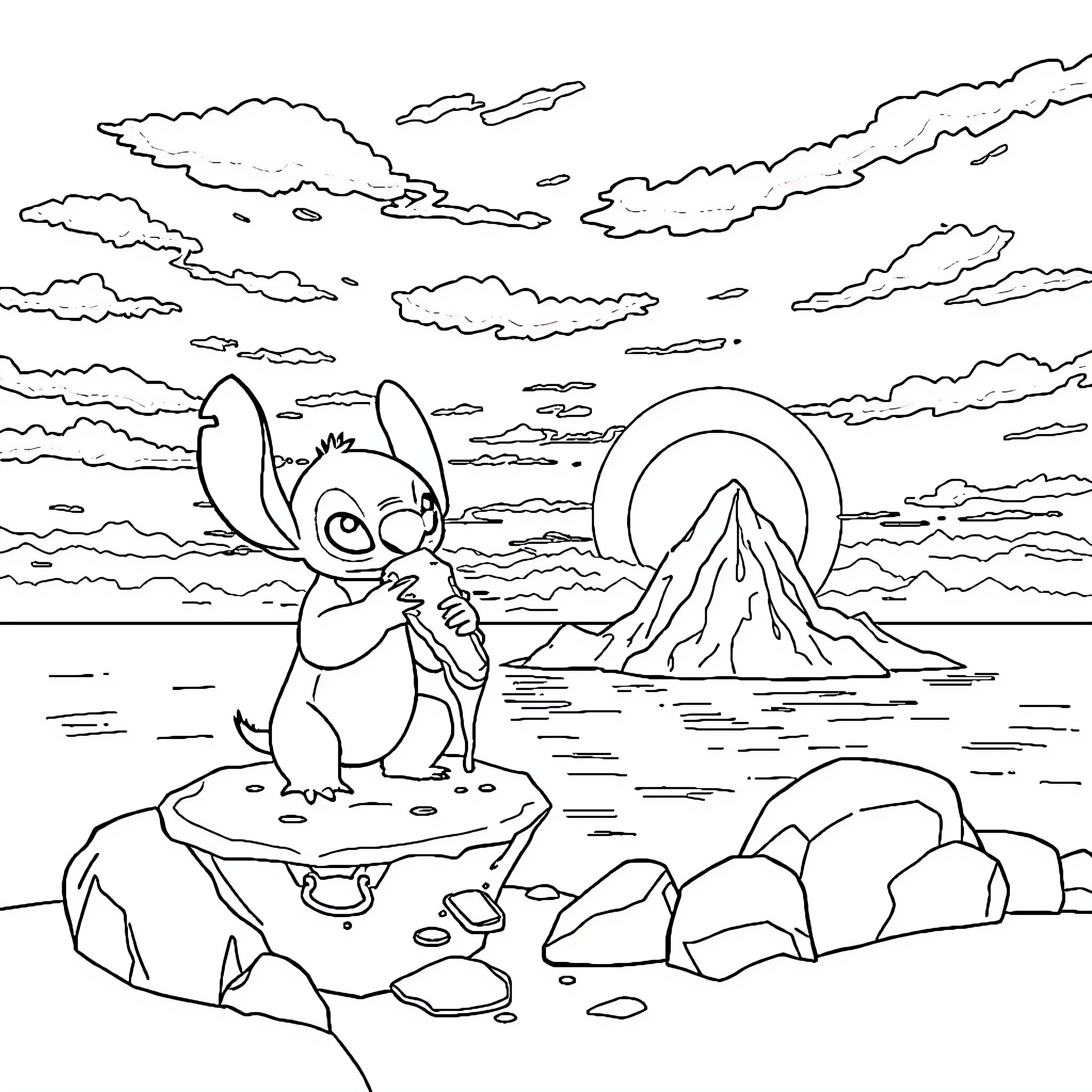 Stitch admiring the scenic mountain landscape Coloring Page (free black-and-white line drawing printable PDF for all, from beginners to advanced learners, including children, teens, adults, and seniors)