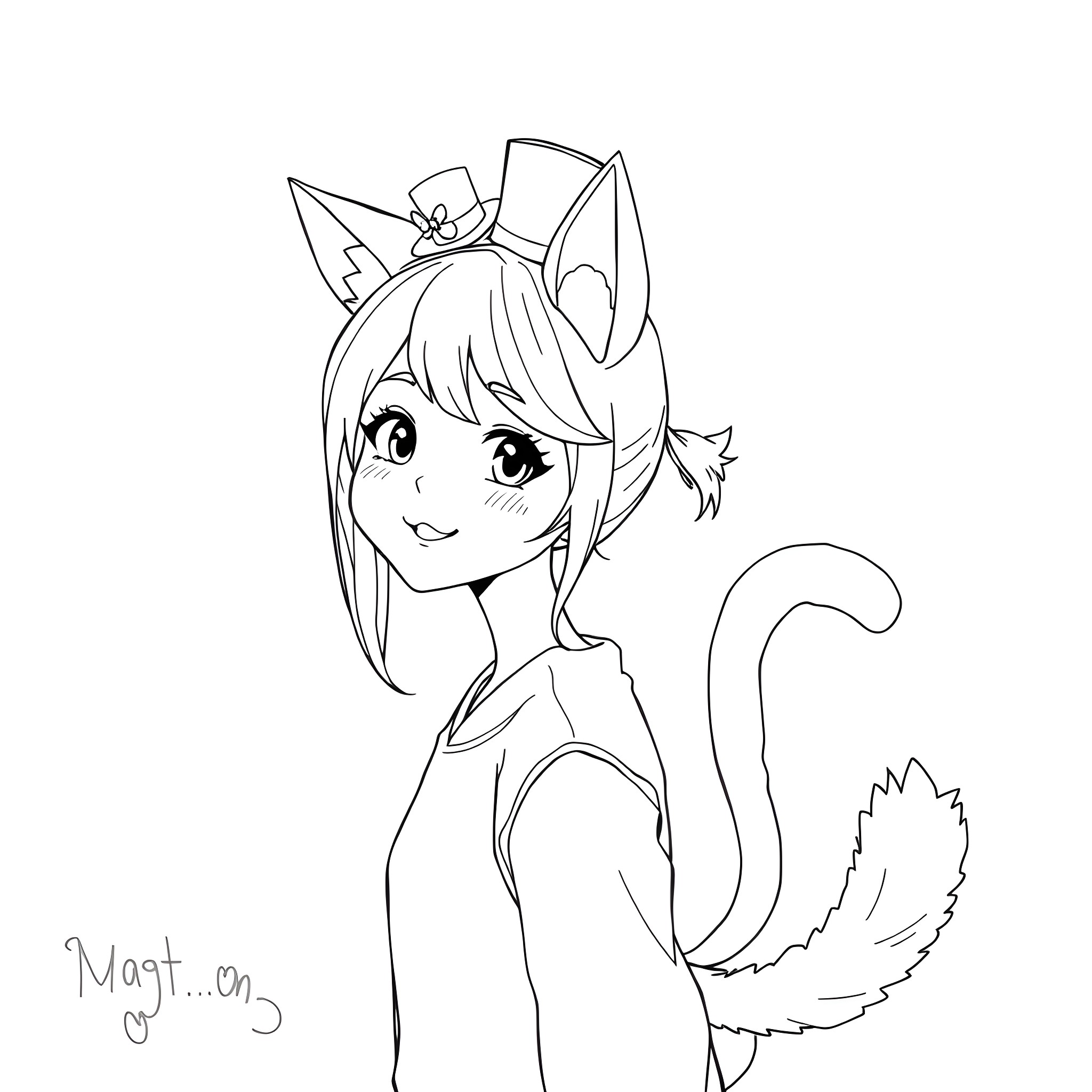 Girl with cat ears posing playfully Coloring Page (free black-and-white line drawing printable PDF for all, from beginners to advanced learners, including children, teens, adults, and seniors)