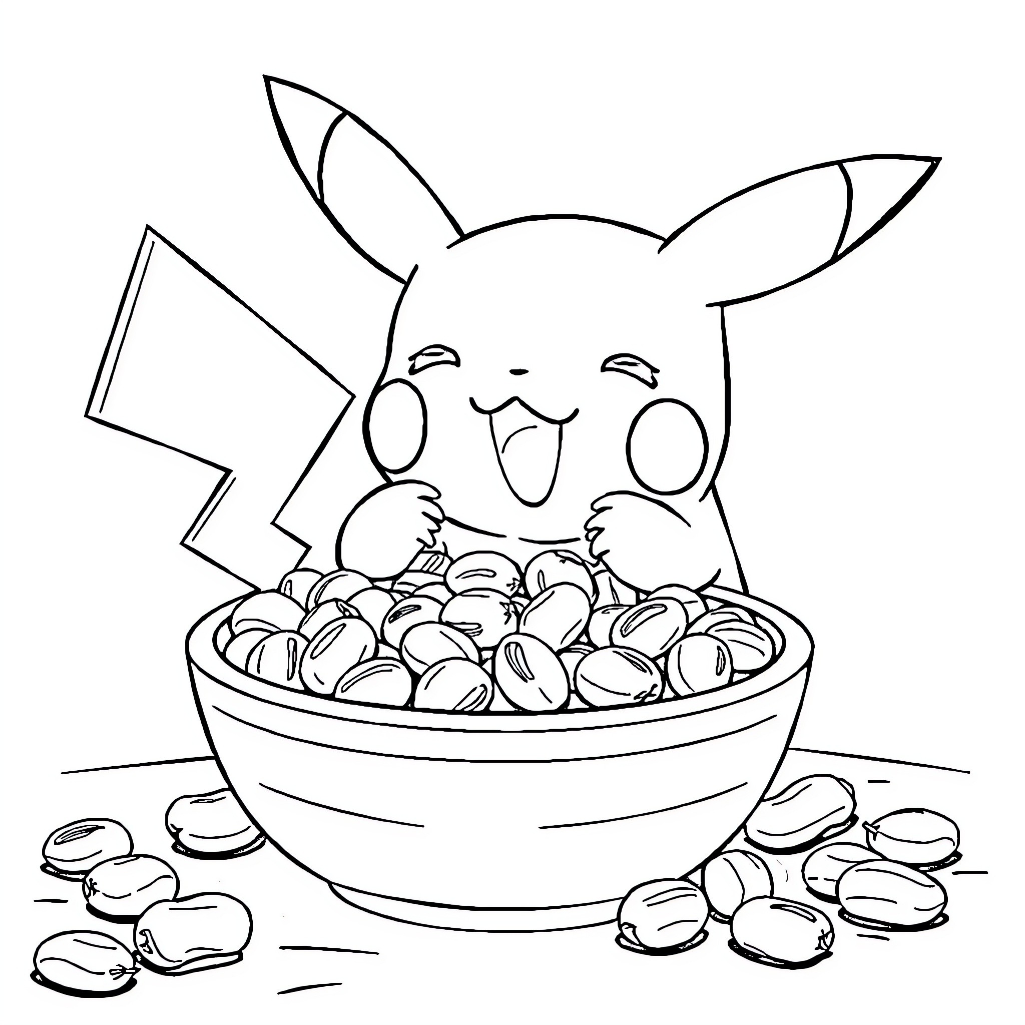 Pikachu enjoying a bowl of berries Coloring Page (free black-and-white line drawing printable PDF for all, from beginners to advanced learners, including children, teens, adults, and seniors)
