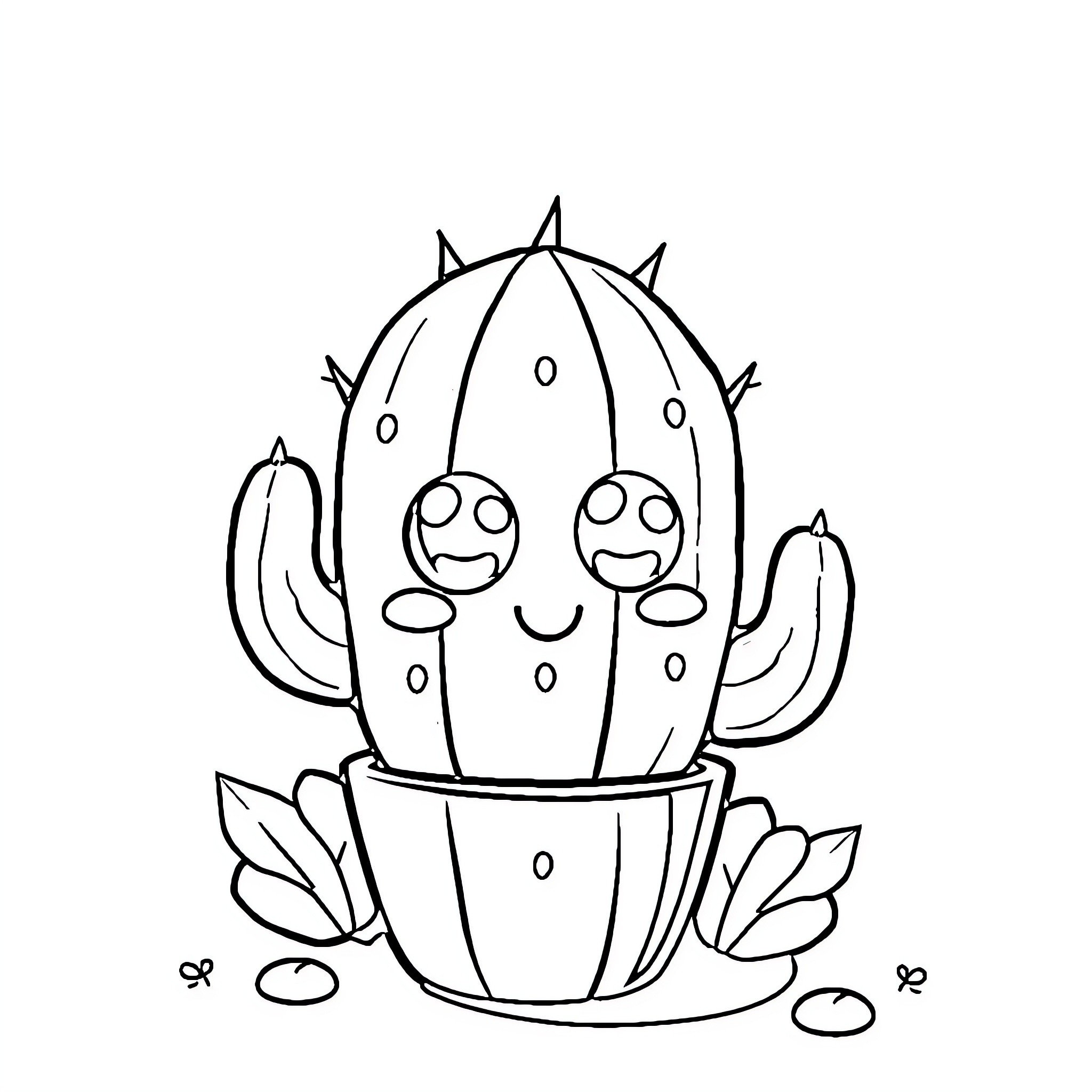 Cactus with happy faces in a pot Coloring Page (free black-and-white line drawing printable PDF for all, from beginners to advanced learners, including children, teens, adults, and seniors)
