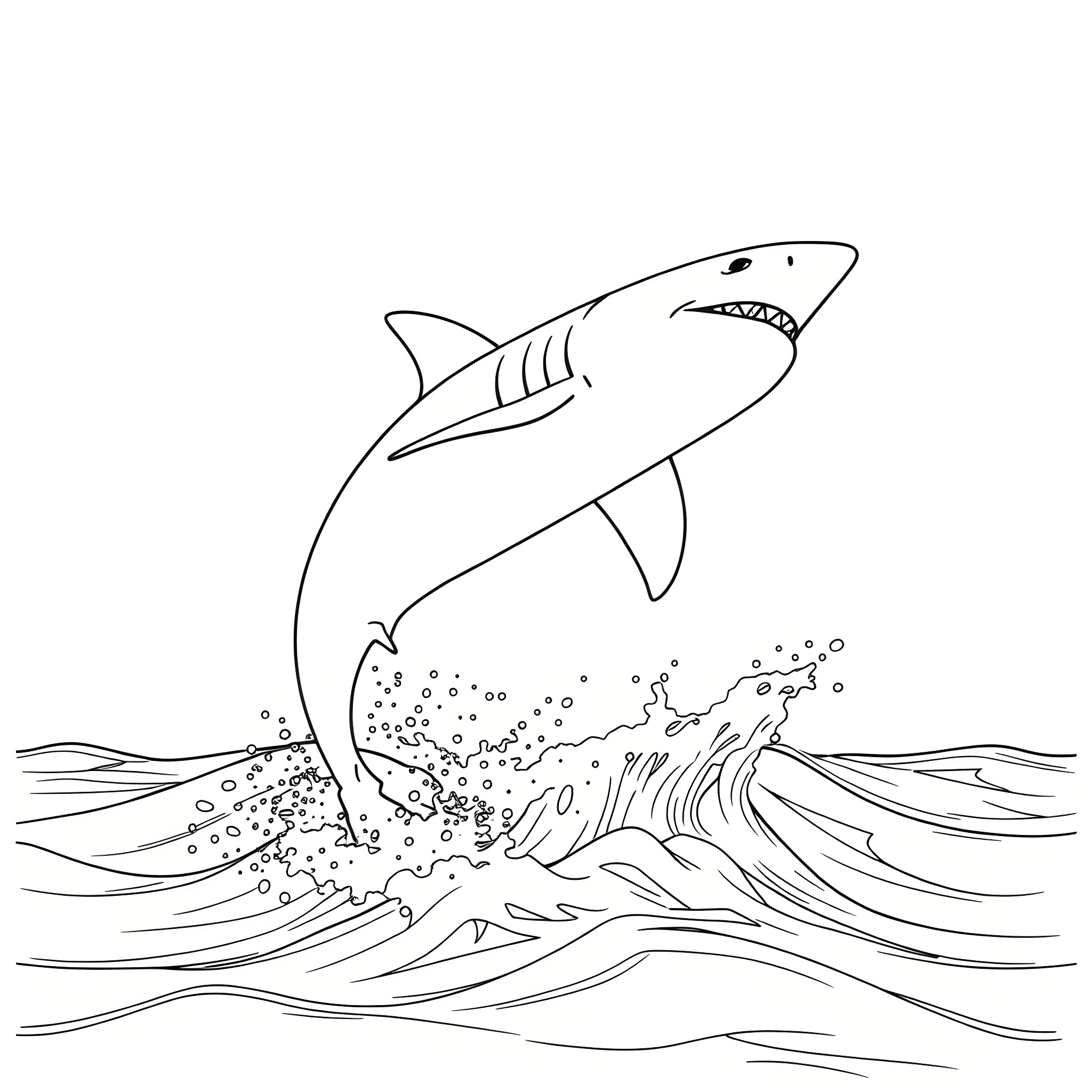 Shark jumping out of the waves Coloring Page (free black-and-white line drawing printable PDF for all, from beginners to advanced learners, including children, teens, adults, and seniors)