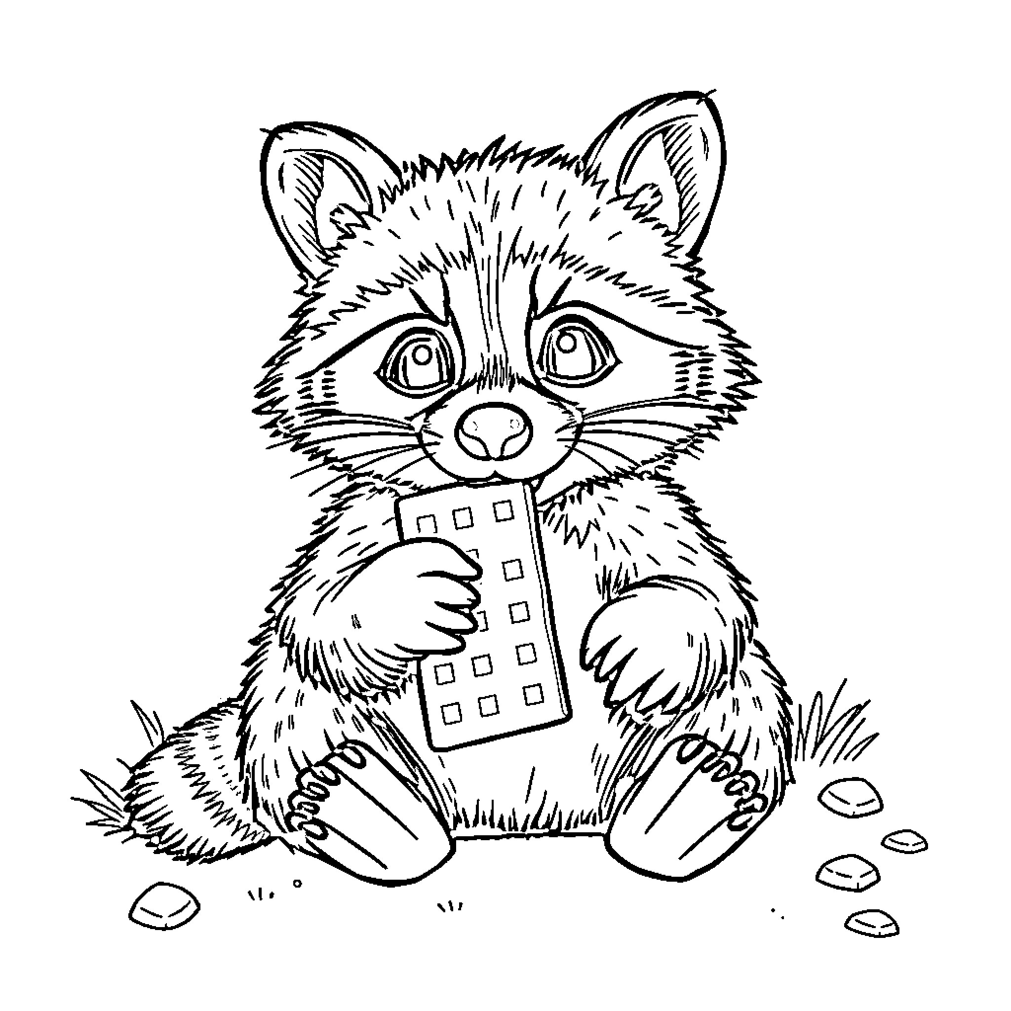 Raccoon playing with a harmonica in the grass Coloring Page (free black-and-white line drawing printable PDF for all, from beginners to advanced learners, including children, teens, adults, and seniors)