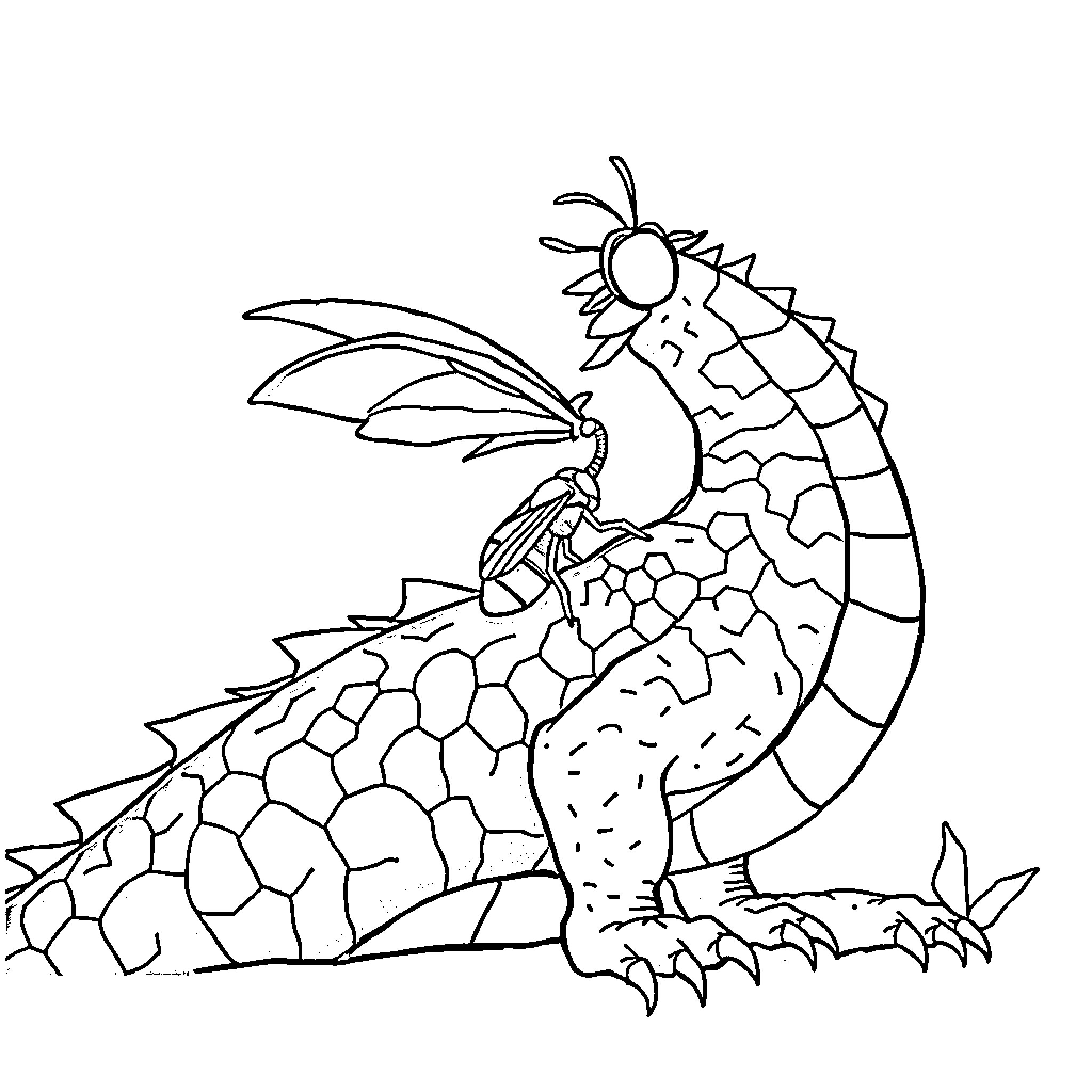 Fly Fearless Dragonlike Creature Amid Foliage Coloring Page (free black-and-white line drawing printable PDF for all, from beginners to advanced learners, including children, teens, adults, and seniors)