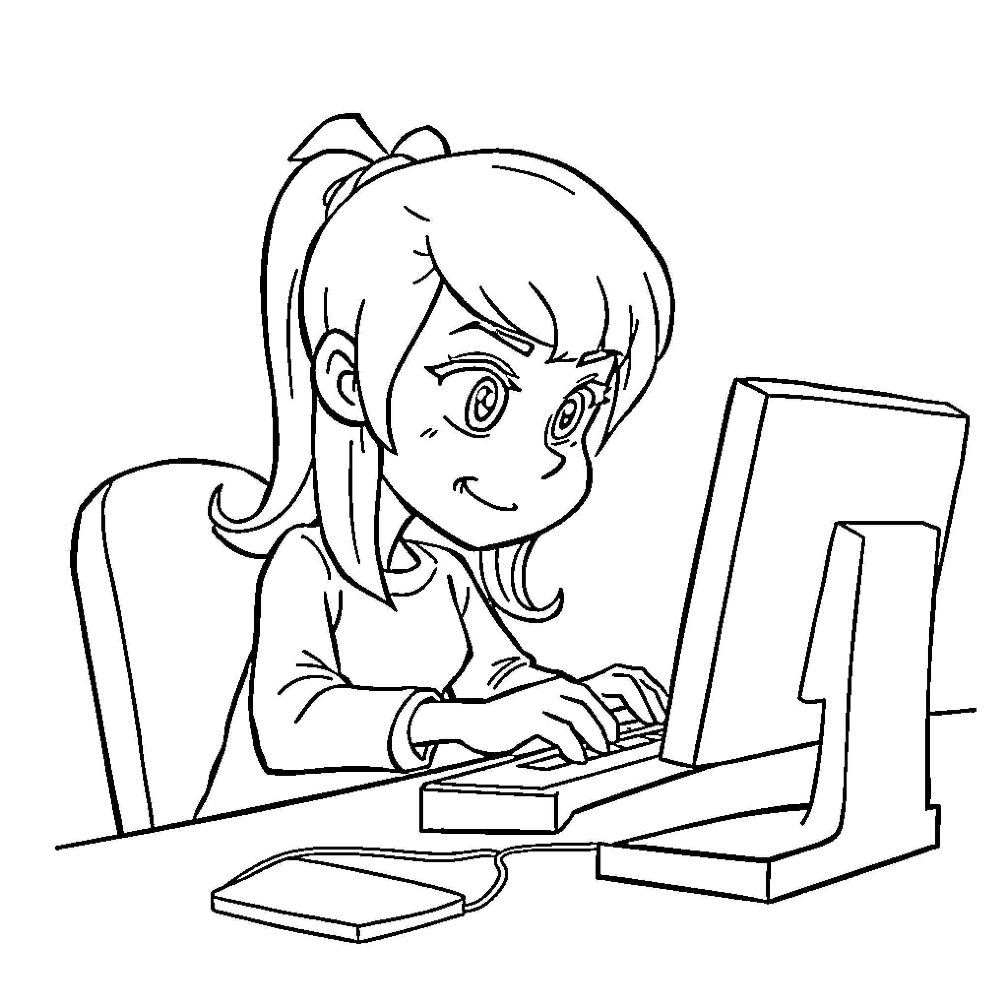 Bluey happily using a computer Coloring Page (free black-and-white line drawing printable PDF for all, from beginners to advanced learners, including children, teens, adults, and seniors)