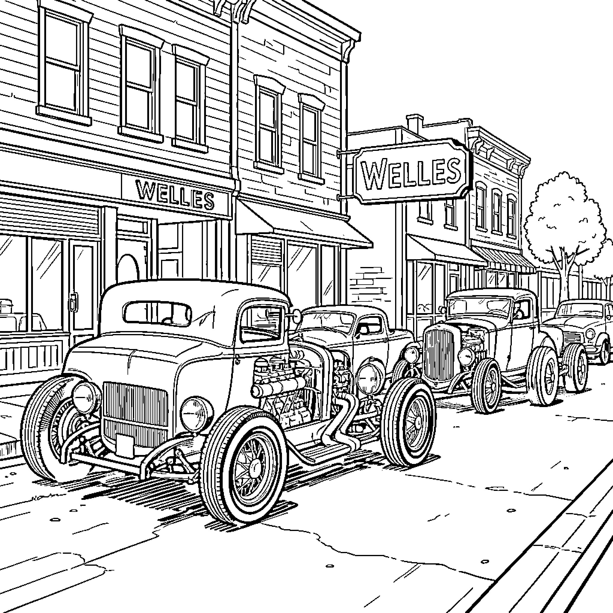 Hot Wheels vintage cars driving through a small town street Coloring Page (free black-and-white line drawing printable PDF for all, from beginners to advanced learners, including children, teens, adults, and seniors)