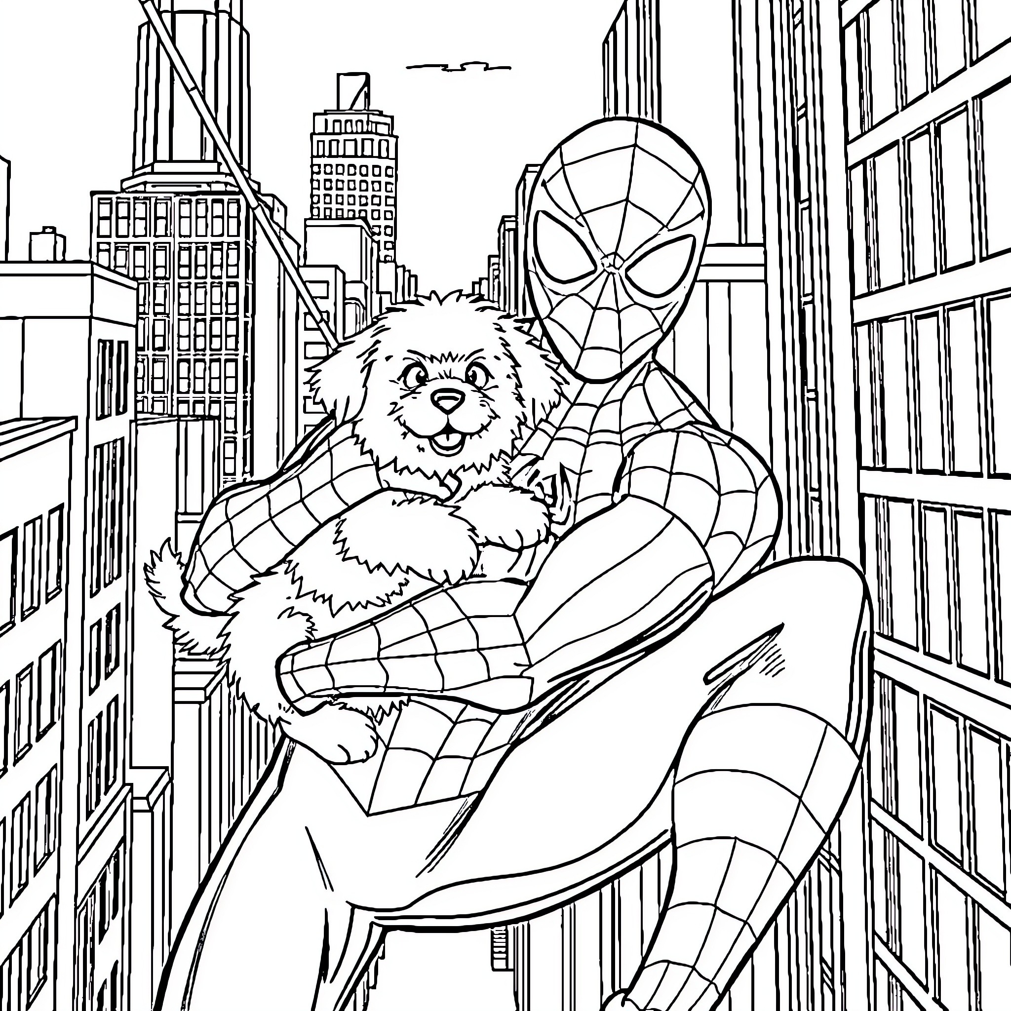 Spiderman rescuing cute puppy in the city Coloring Page (free black-and-white line drawing printable PDF for all, from beginners to advanced learners, including children, teens, adults, and seniors)