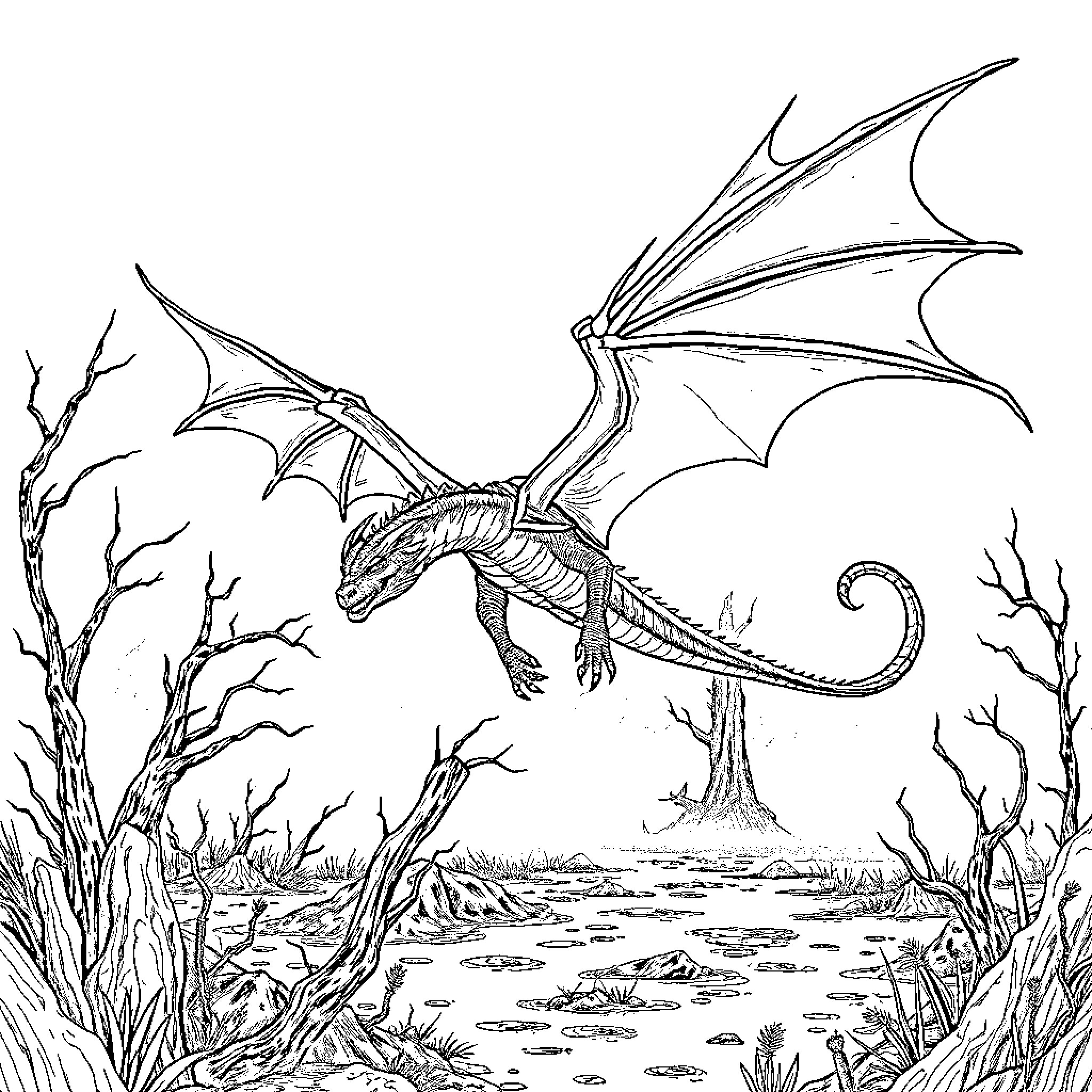 Dragon soaring majestically over the mystical landscape Coloring Page (free black-and-white line drawing printable PDF for all, from beginners to advanced learners, including children, teens, adults, and seniors)