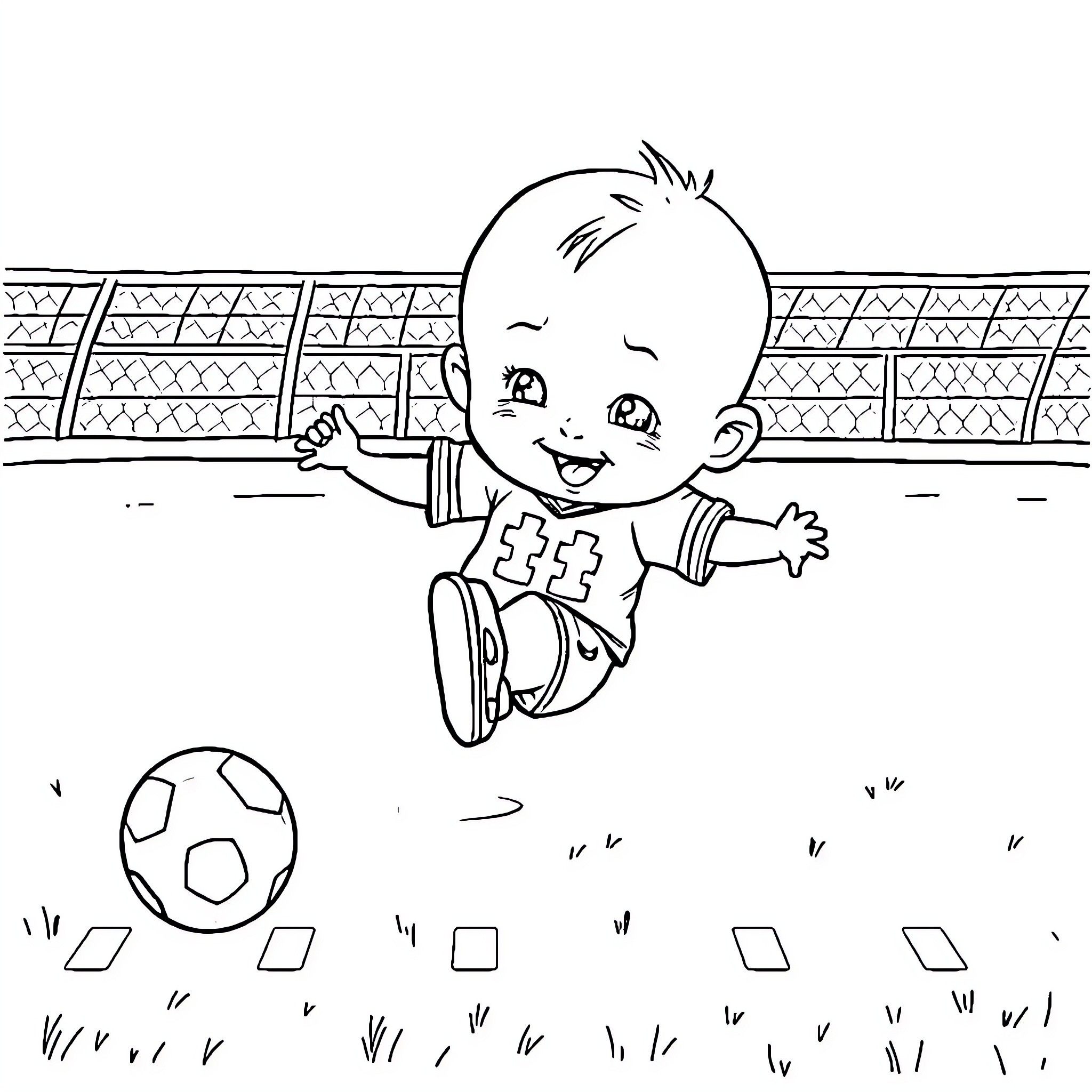 Boss Baby playing football on the field Coloring Page (free black-and-white line drawing printable PDF for all, from beginners to advanced learners, including children, teens, adults, and seniors)