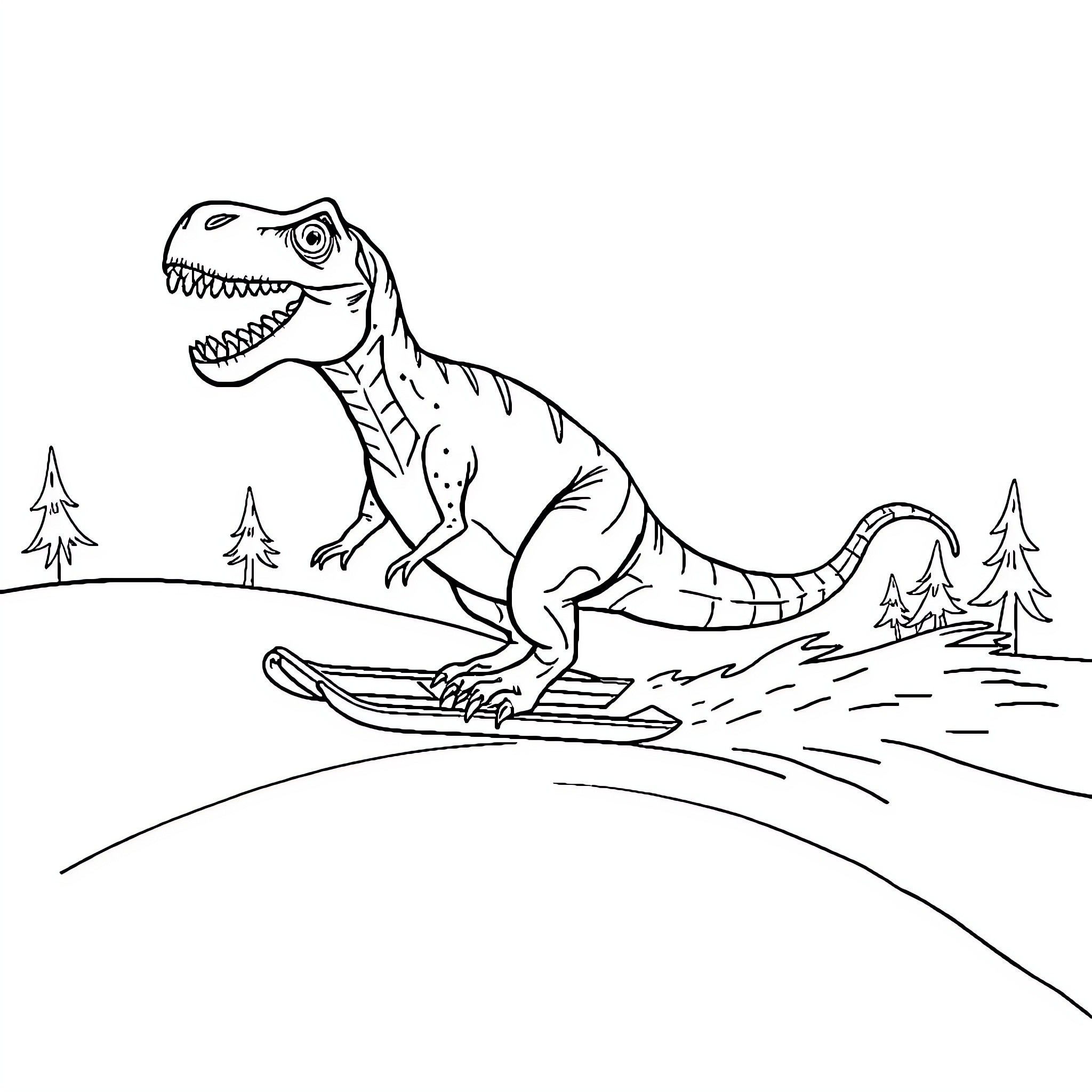 Dinosaur Skiing Down Snowy Mountain Coloring Page (free black-and-white line drawing printable PDF for all, from beginners to advanced learners, including children, teens, adults, and seniors)