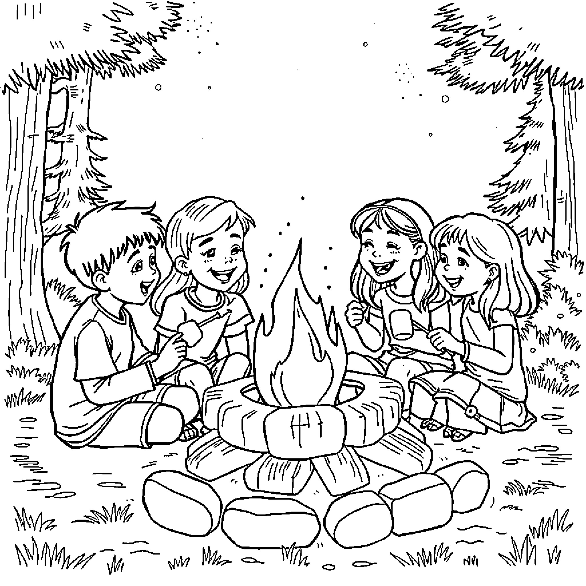 Campfire gathering with children in the woods Coloring Page (free black-and-white line drawing printable PDF for all, from beginners to advanced learners, including children, teens, adults, and seniors)