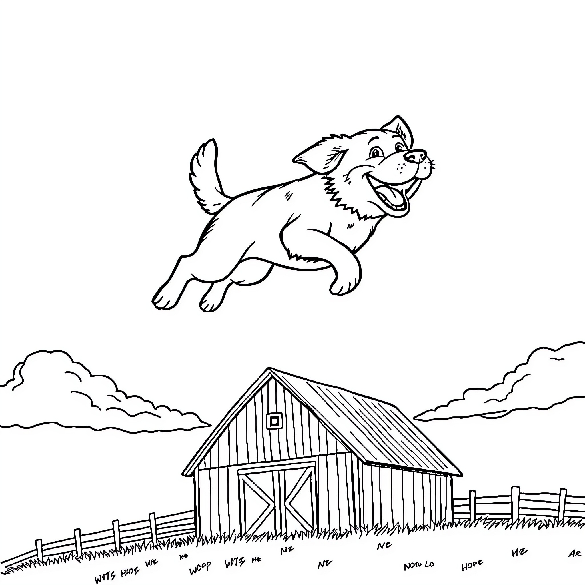Dog running joyfully in the countryside Coloring Page (free black-and-white line drawing printable PDF for all, from beginners to advanced learners, including children, teens, adults, and seniors)