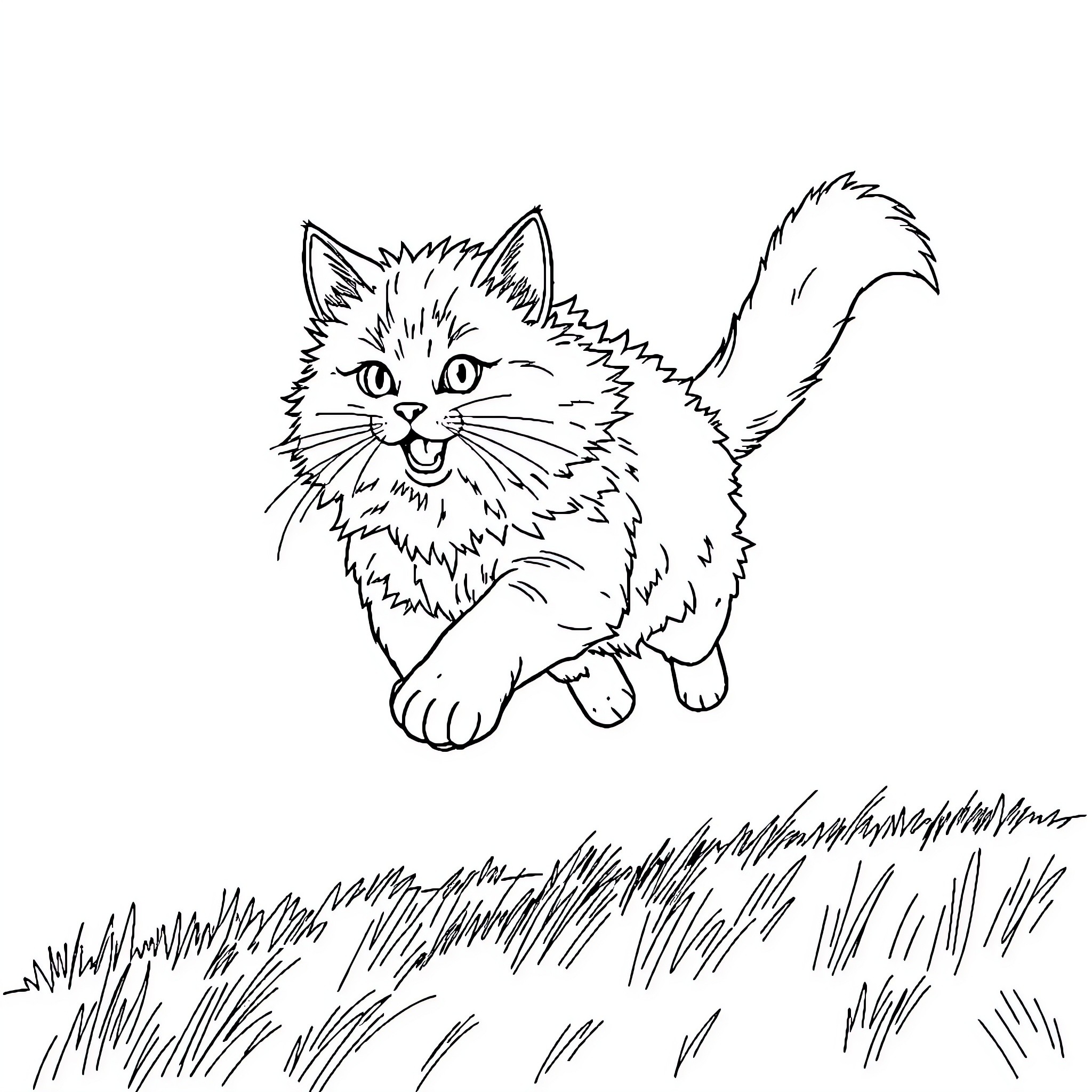 Cat exploring the grassy field Coloring Page (free black-and-white line drawing printable PDF for all, from beginners to advanced learners, including children, teens, adults, and seniors)