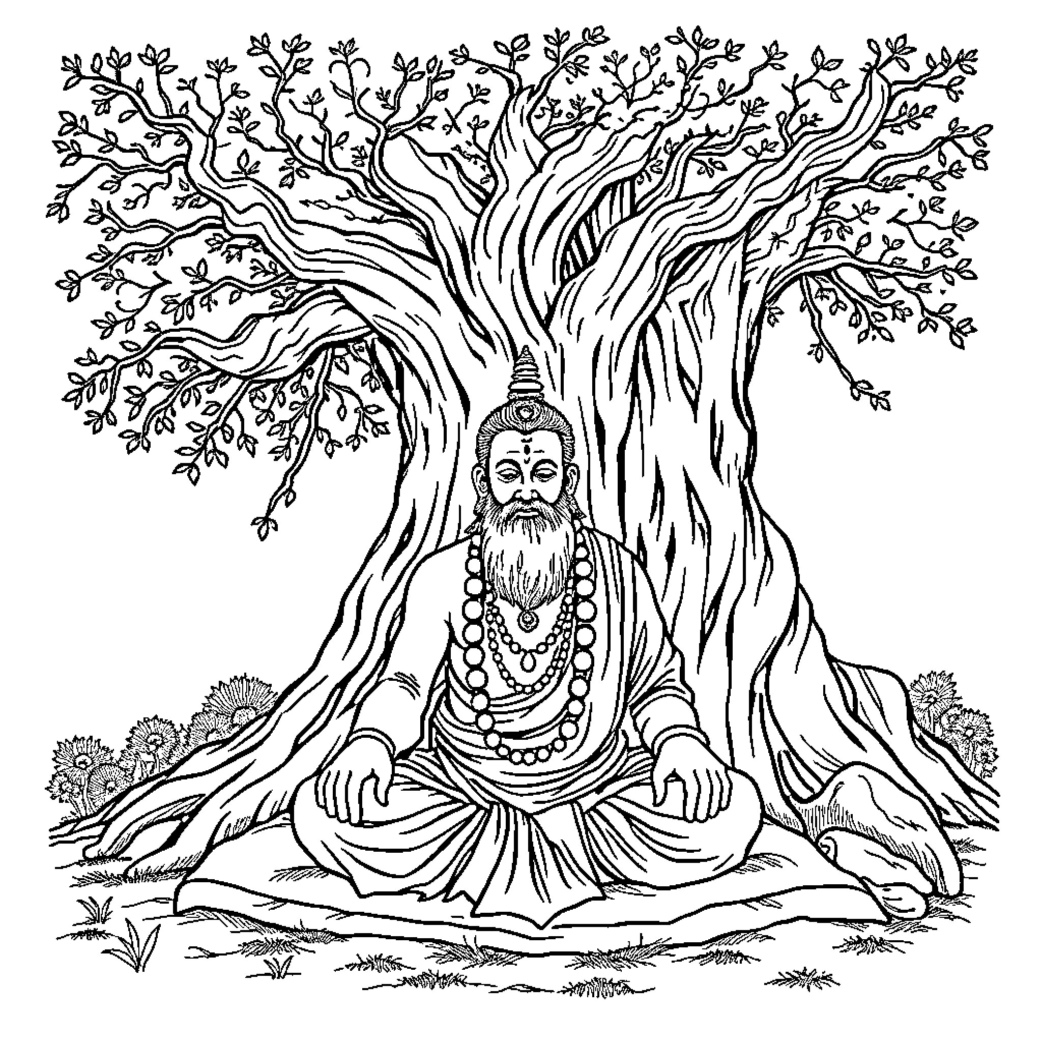 Gorakhnath meditating under a majestic tree Coloring Page (free black-and-white line drawing printable PDF for all, from beginners to advanced learners, including children, teens, adults, and seniors)