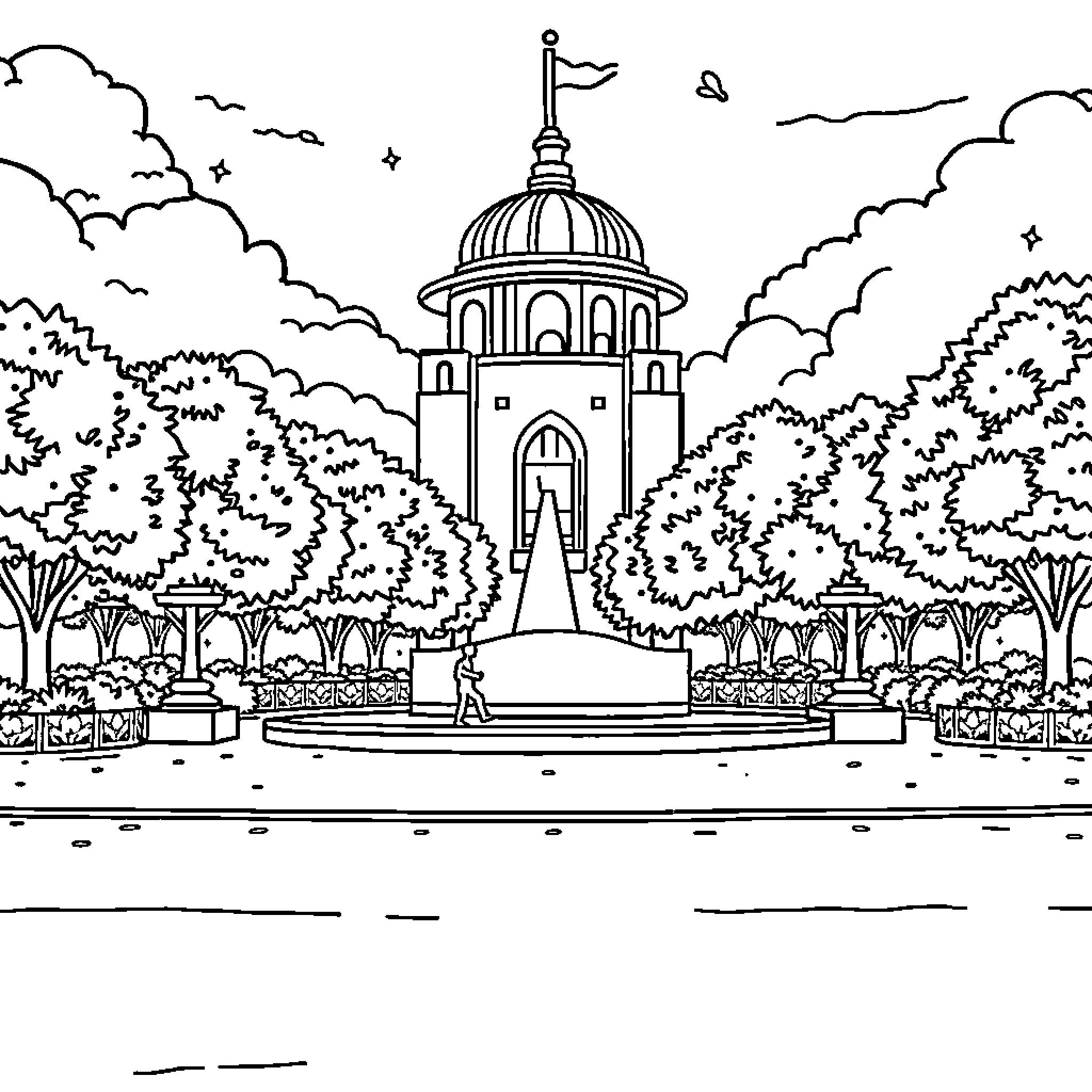 Madalas Majestic Domed Structure Amid Lush Greenery Coloring Page (free black-and-white line drawing printable PDF for all, from beginners to advanced learners, including children, teens, adults, and seniors)