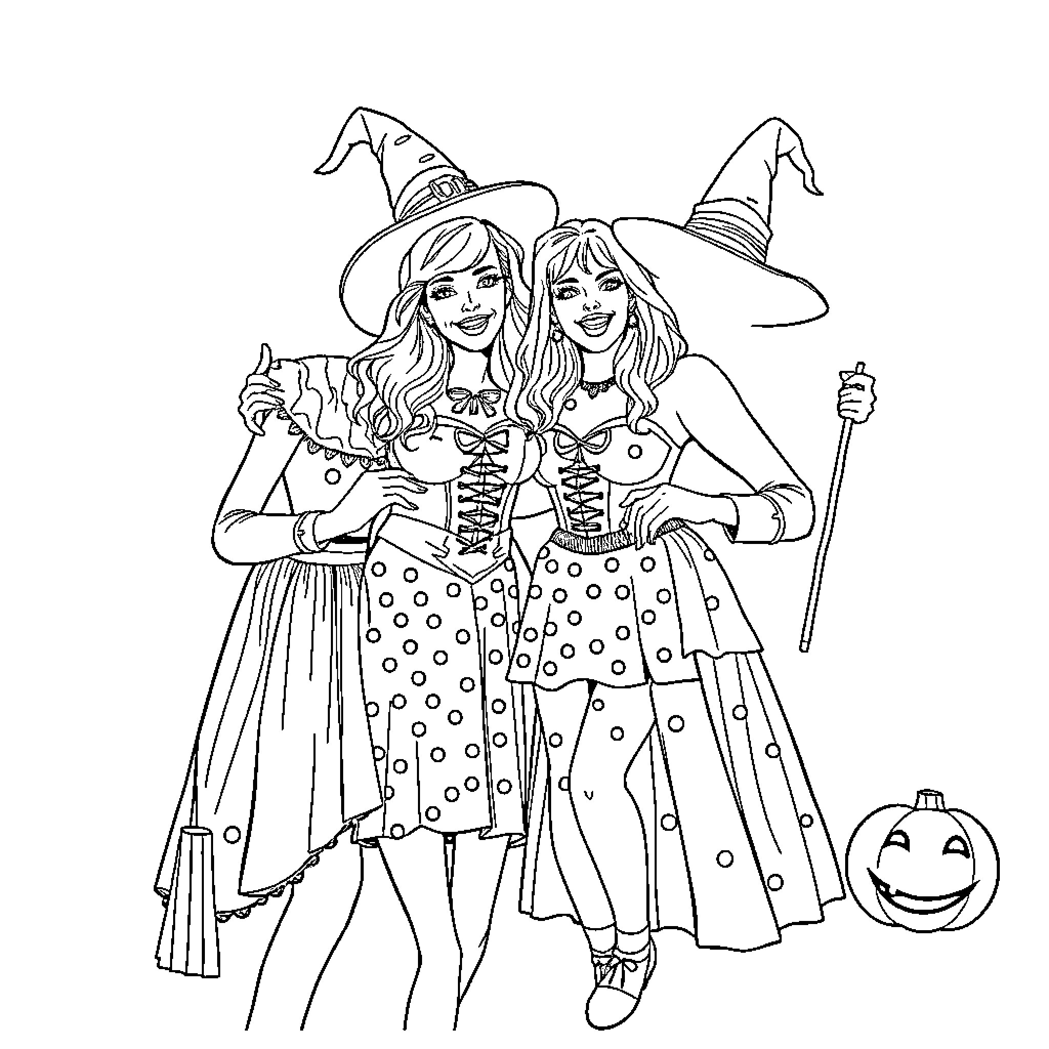 Golden Girls in Whimsical Halloween Costumes Coloring Page (free black-and-white line drawing printable PDF for all, from beginners to advanced learners, including children, teens, adults, and seniors)