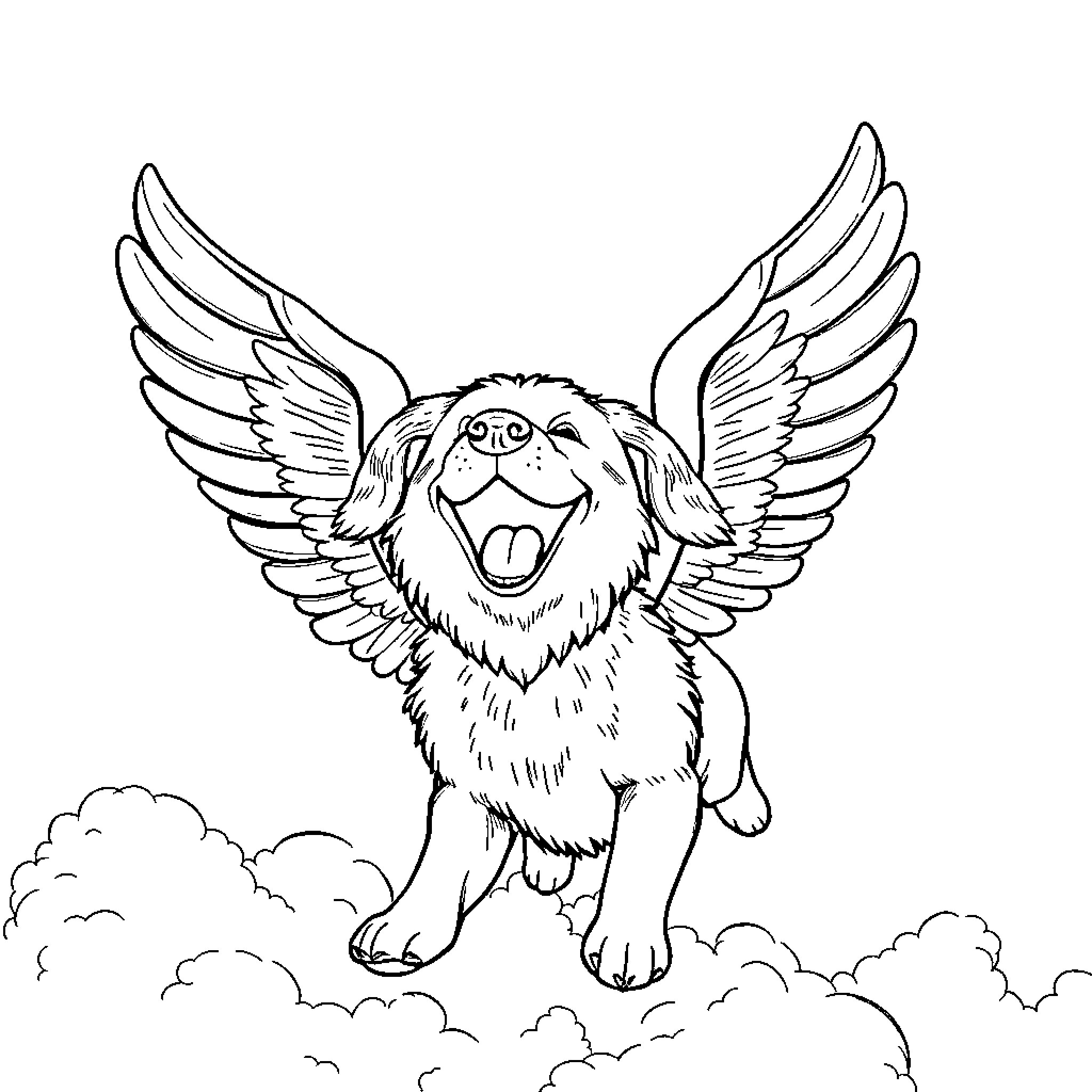 Flying Dog with Joyful Expression and Outstretched Wings Coloring Page (free black-and-white line drawing printable PDF for all, from beginners to advanced learners, including children, teens, adults, and seniors)
