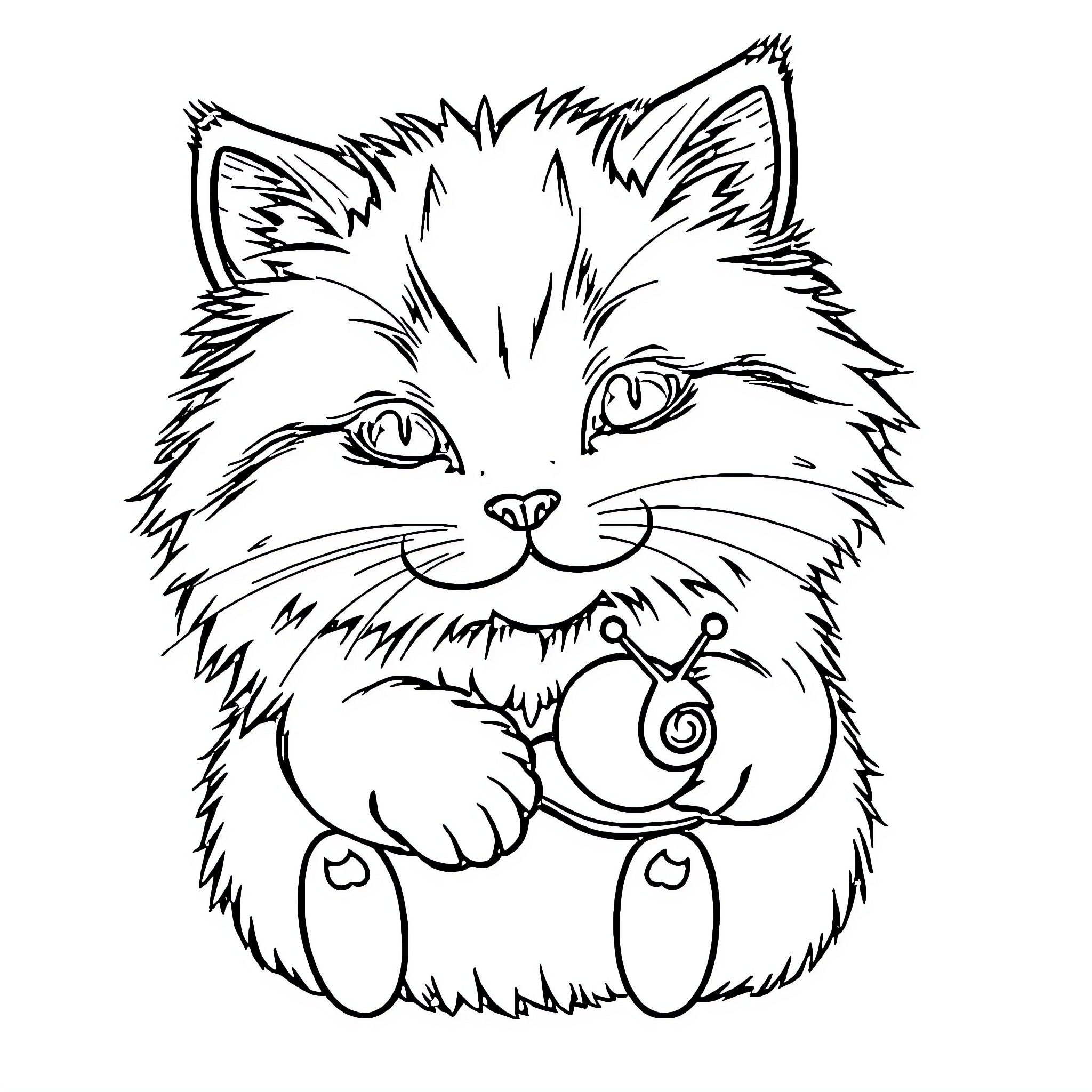Cat playing with a toy mouse Coloring Page (free black-and-white line drawing printable PDF for all, from beginners to advanced learners, including children, teens, adults, and seniors)
