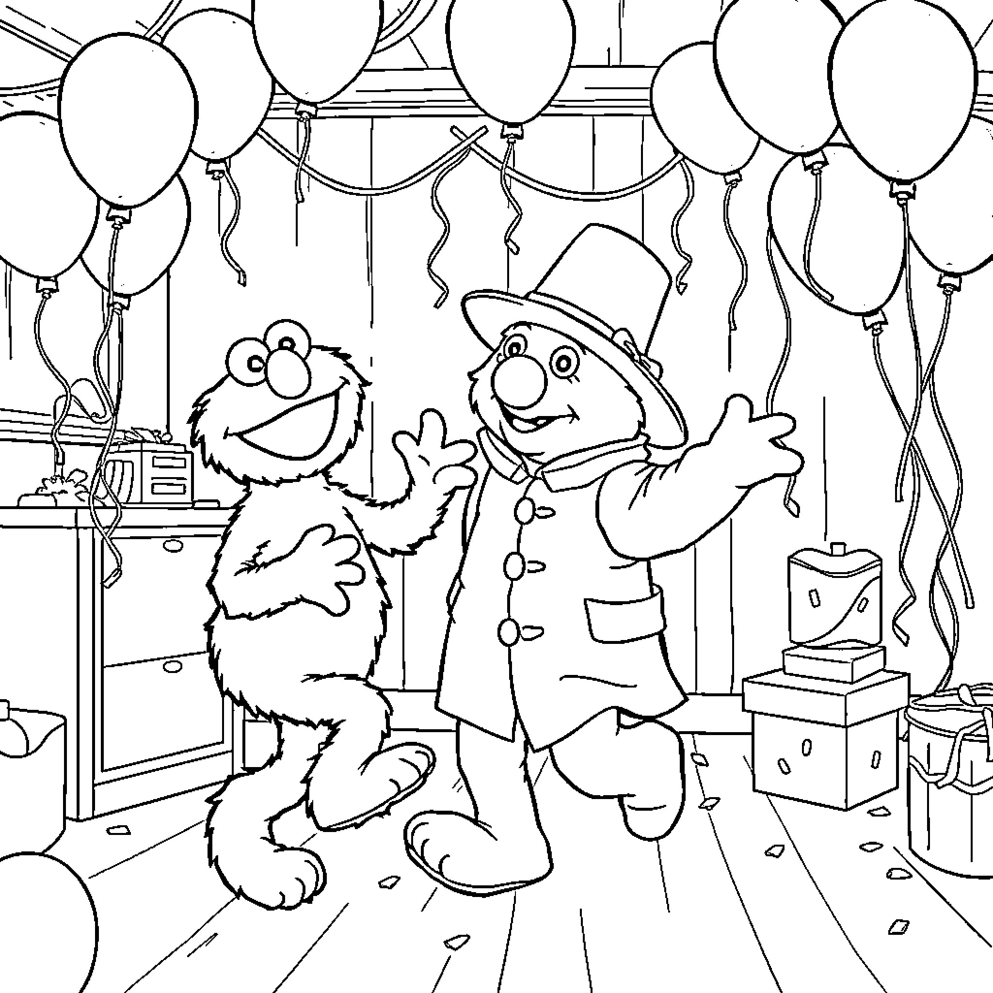 Elmo and friend celebrate with balloons in party scene Coloring Page (free black-and-white line drawing printable PDF for all, from beginners to advanced learners, including children, teens, adults, and seniors)