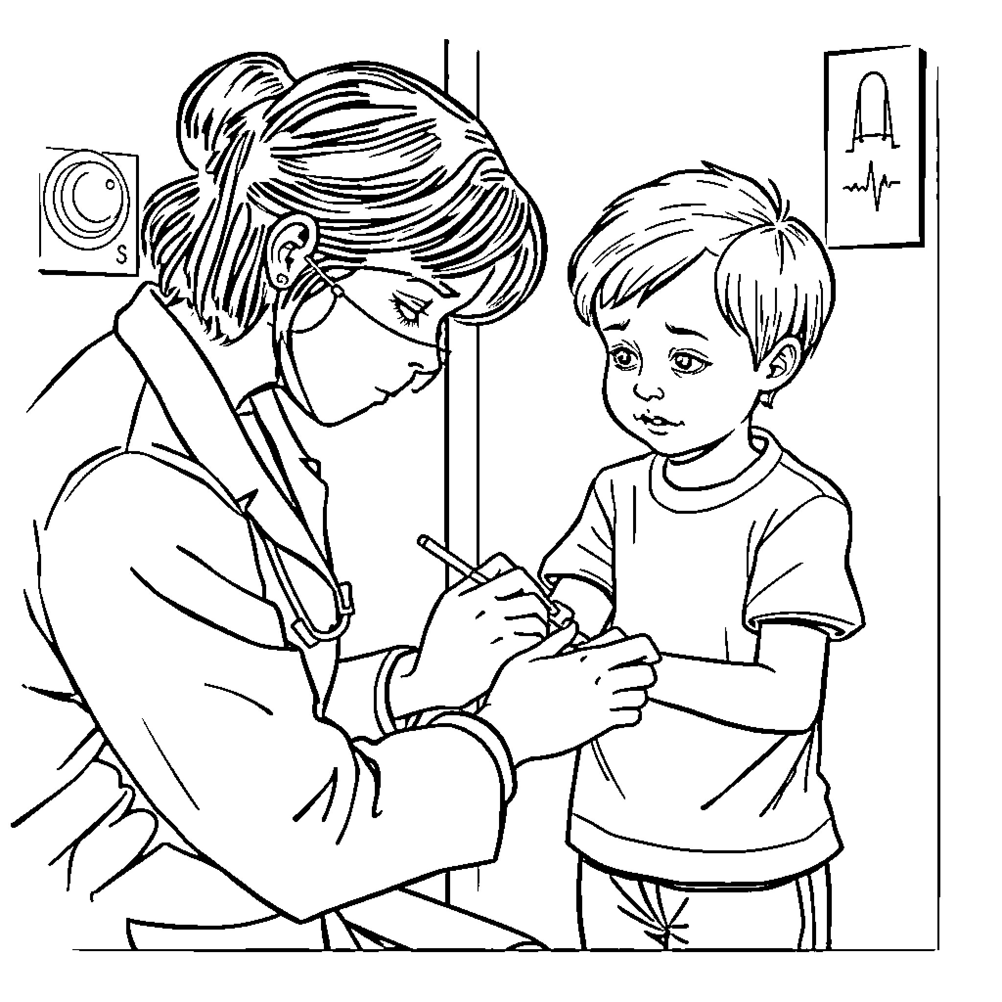 Nurse examining young patient Coloring Page (free black-and-white line drawing printable PDF for all, from beginners to advanced learners, including children, teens, adults, and seniors)