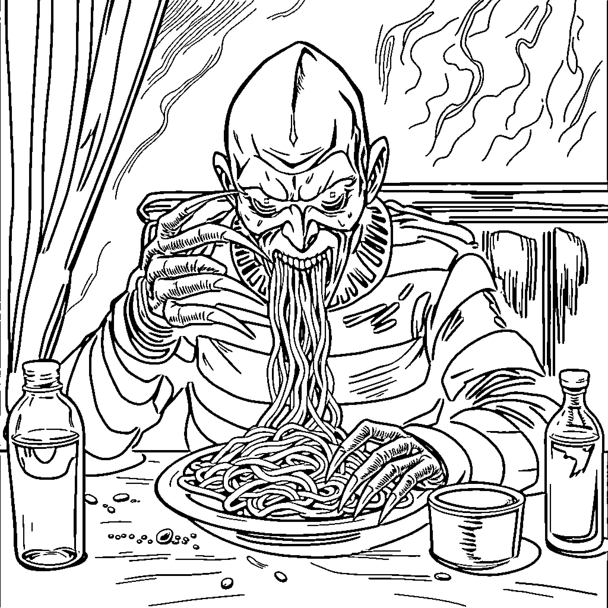Freddy Krueger Enjoying a Sinister Spaghetti Feast Coloring Page (free black-and-white line drawing printable PDF for all, from beginners to advanced learners, including children, teens, adults, and seniors)