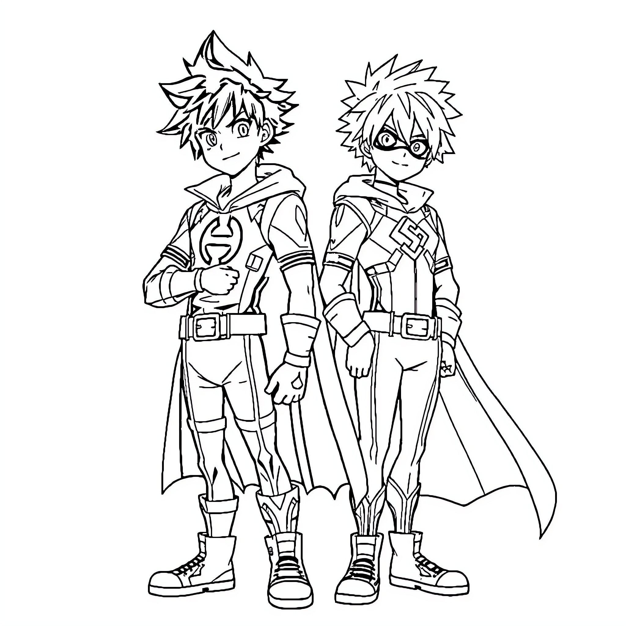 Bakugo and friend in heroic attire Coloring Page (free black-and-white line drawing printable PDF for all, from beginners to advanced learners, including children, teens, adults, and seniors)