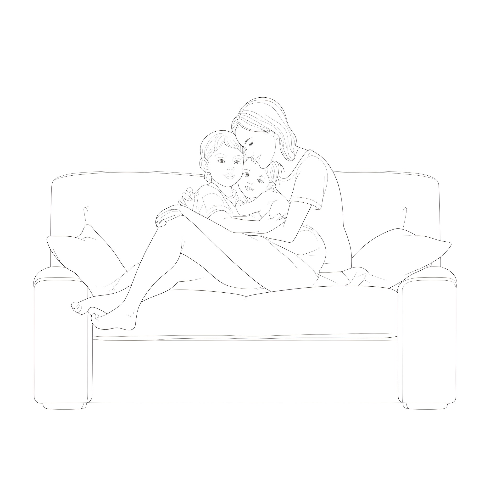 Mom comforting her child on the couch Coloring Page (free black-and-white line drawing printable PDF for all, from beginners to advanced learners, including children, teens, adults, and seniors)