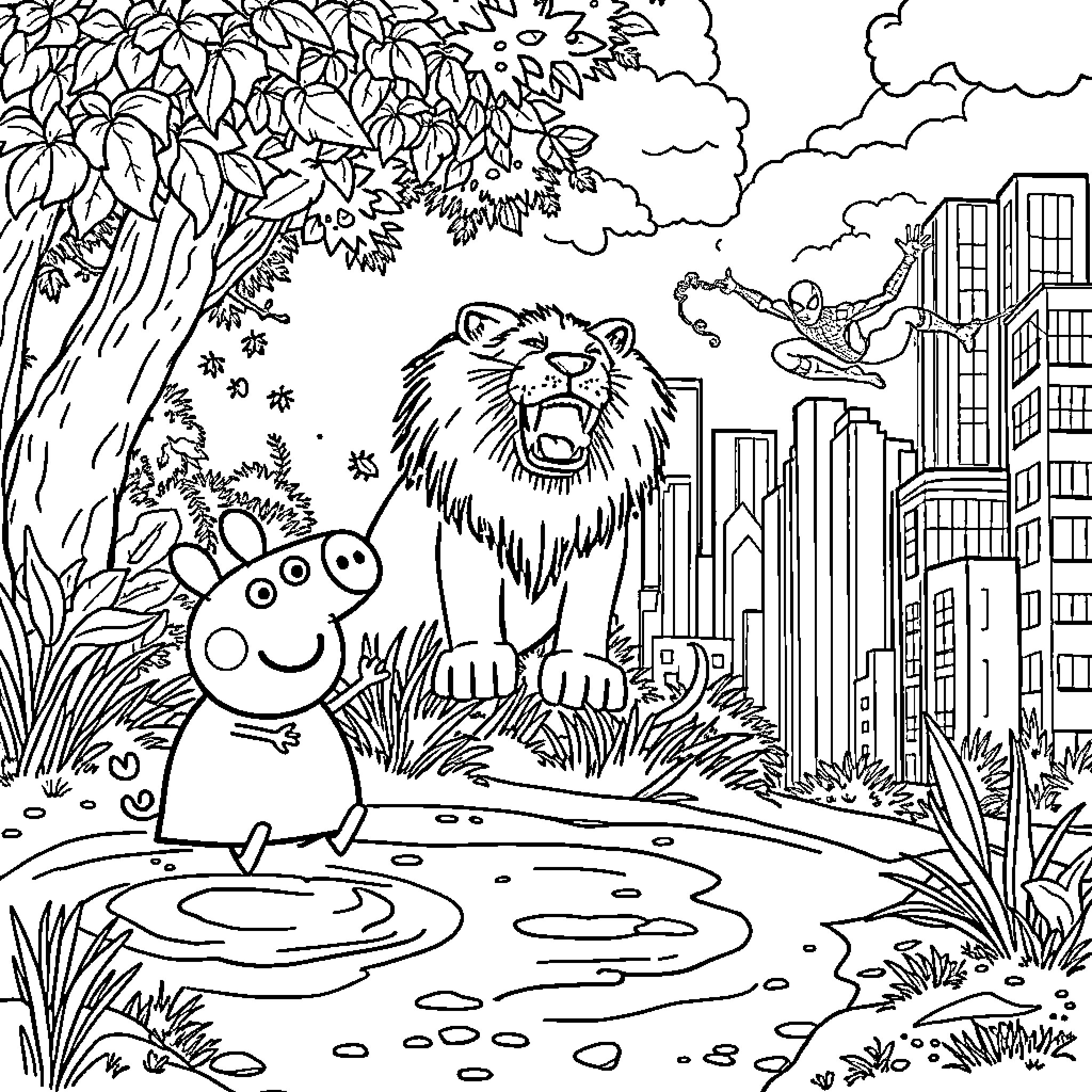 Pepa Pig playing happily with a lion in the jungle Coloring Page (free black-and-white line drawing printable PDF for all, from beginners to advanced learners, including children, teens, adults, and seniors)