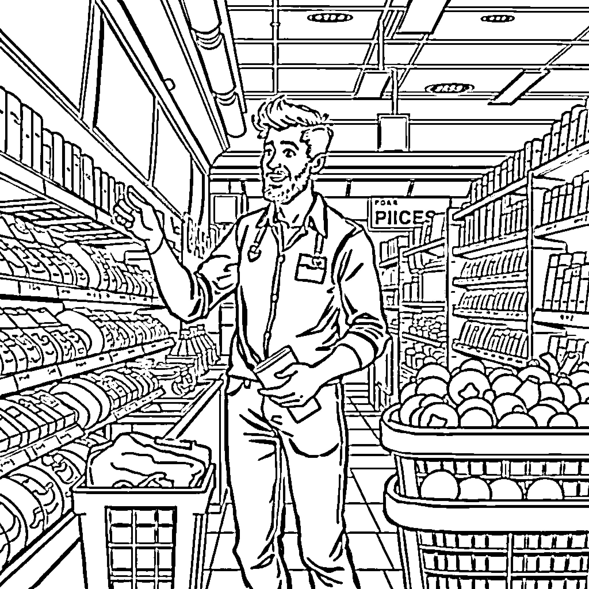 Teacher helping students in grocery store Coloring Page (free black-and-white line drawing printable PDF for all, from beginners to advanced learners, including children, teens, adults, and seniors)