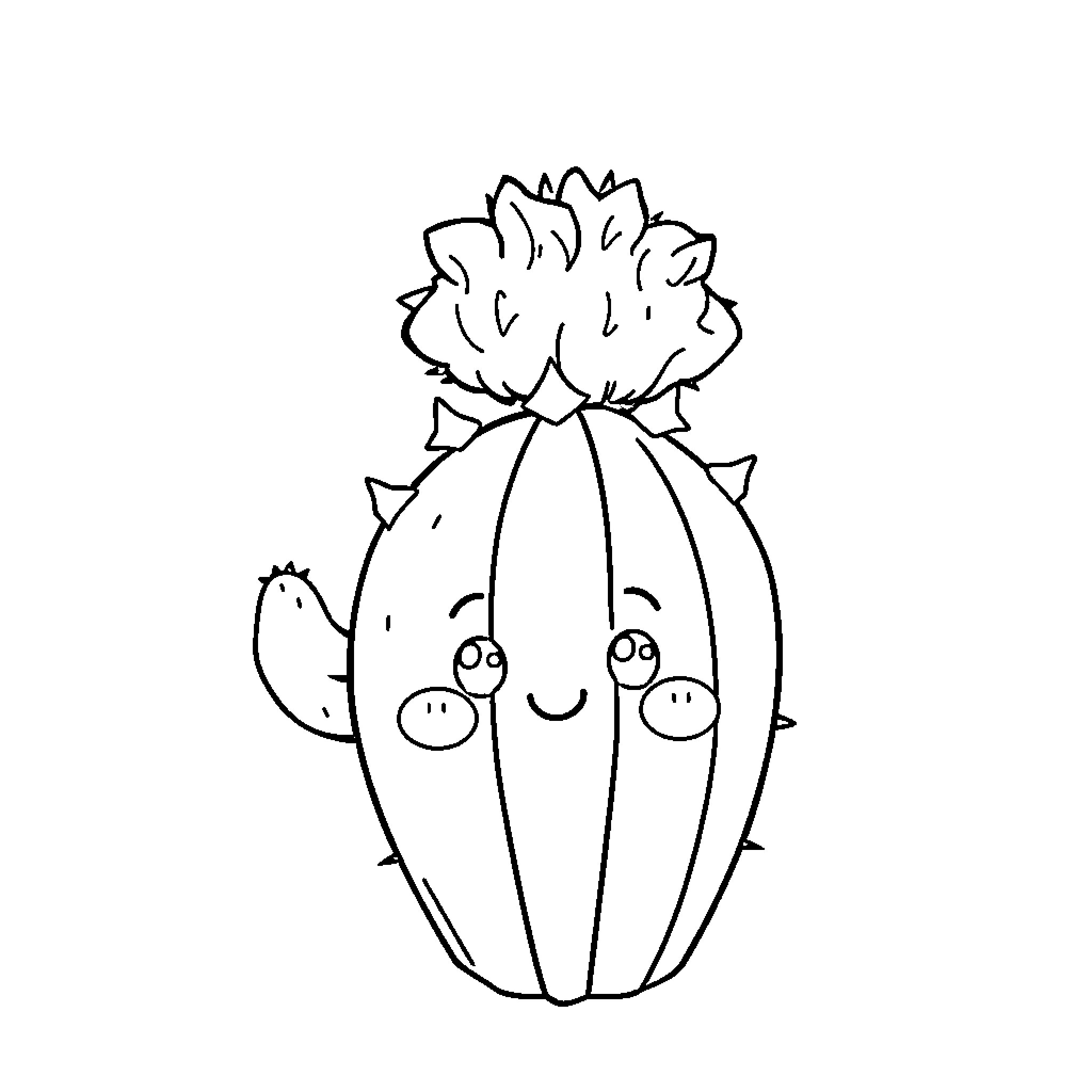 Cactus with a cheerful expression Coloring Page (free black-and-white line drawing printable PDF for all, from beginners to advanced learners, including children, teens, adults, and seniors)