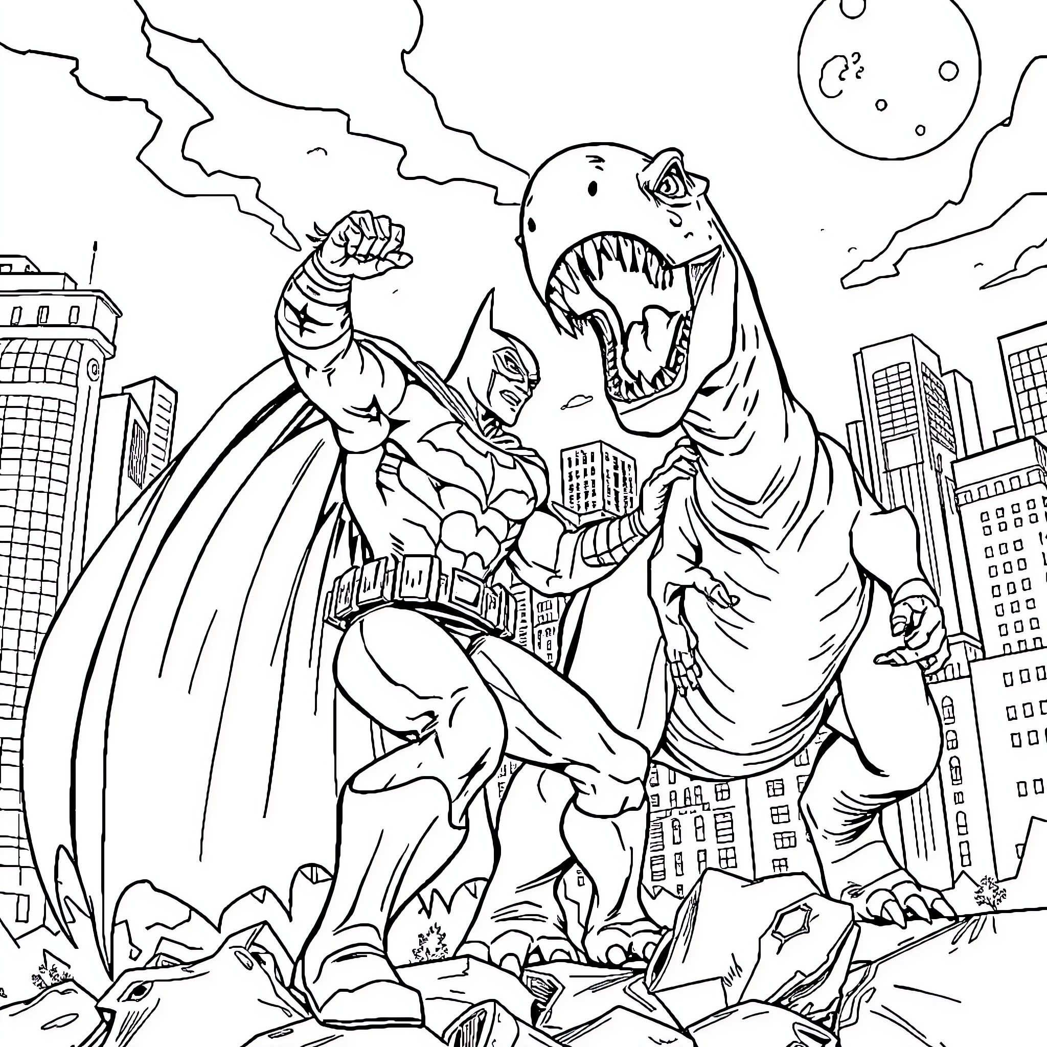 Batman battling a giant monster in the city Coloring Page (free black-and-white line drawing printable PDF for all, from beginners to advanced learners, including children, teens, adults, and seniors)