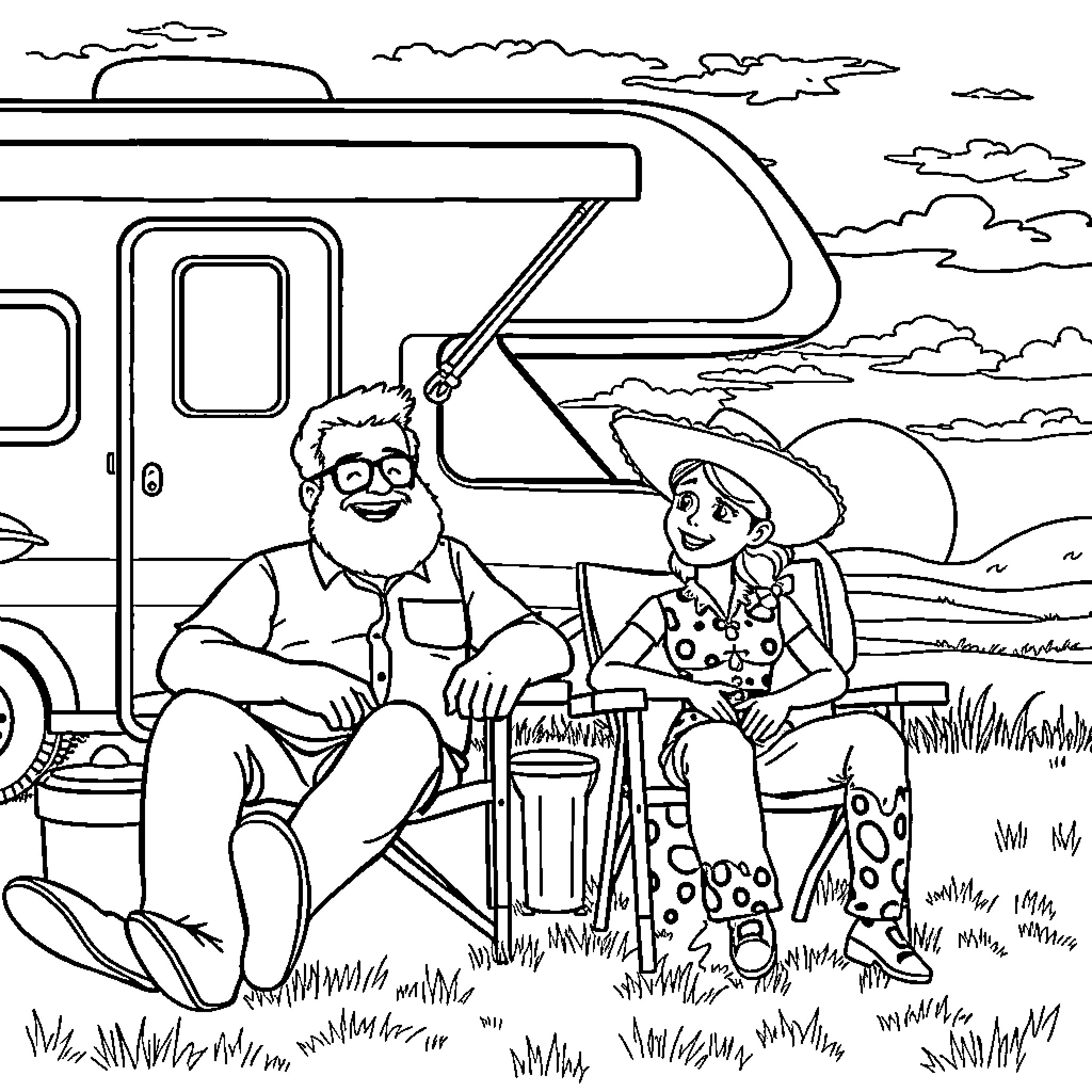 Mr. White enjoying a picnic with his companion Coloring Page (free black-and-white line drawing printable PDF for all, from beginners to advanced learners, including children, teens, adults, and seniors)