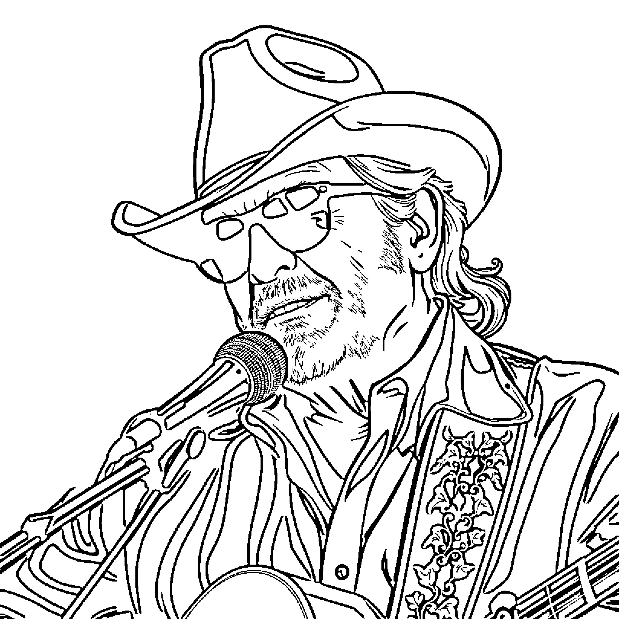 George Jones performing with a guitar and cowboy hat Coloring Page (free black-and-white line drawing printable PDF for all, from beginners to advanced learners, including children, teens, adults, and seniors)