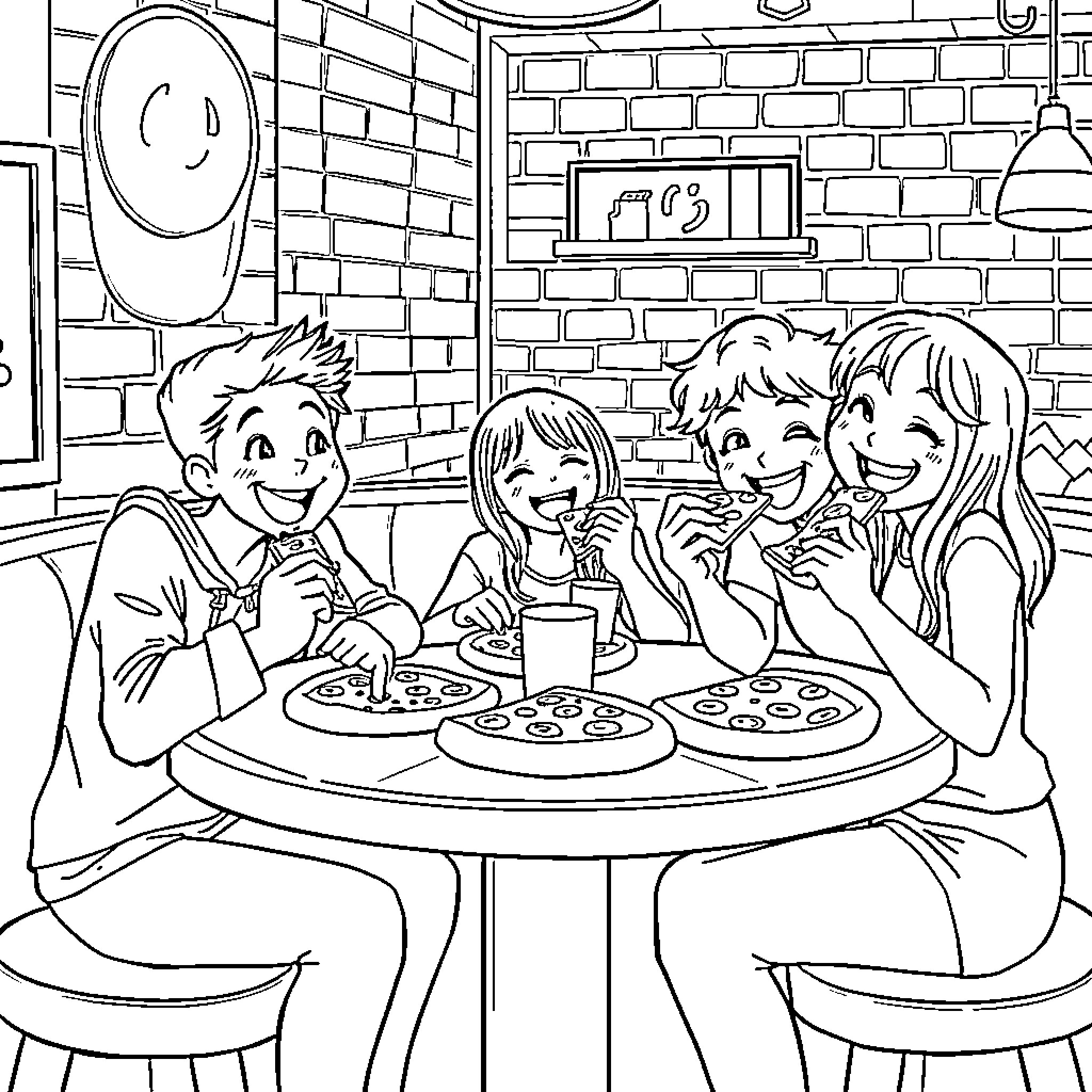 Friends enjoying pizza together in a cafe Coloring Page (free black-and-white line drawing printable PDF for all, from beginners to advanced learners, including children, teens, adults, and seniors)