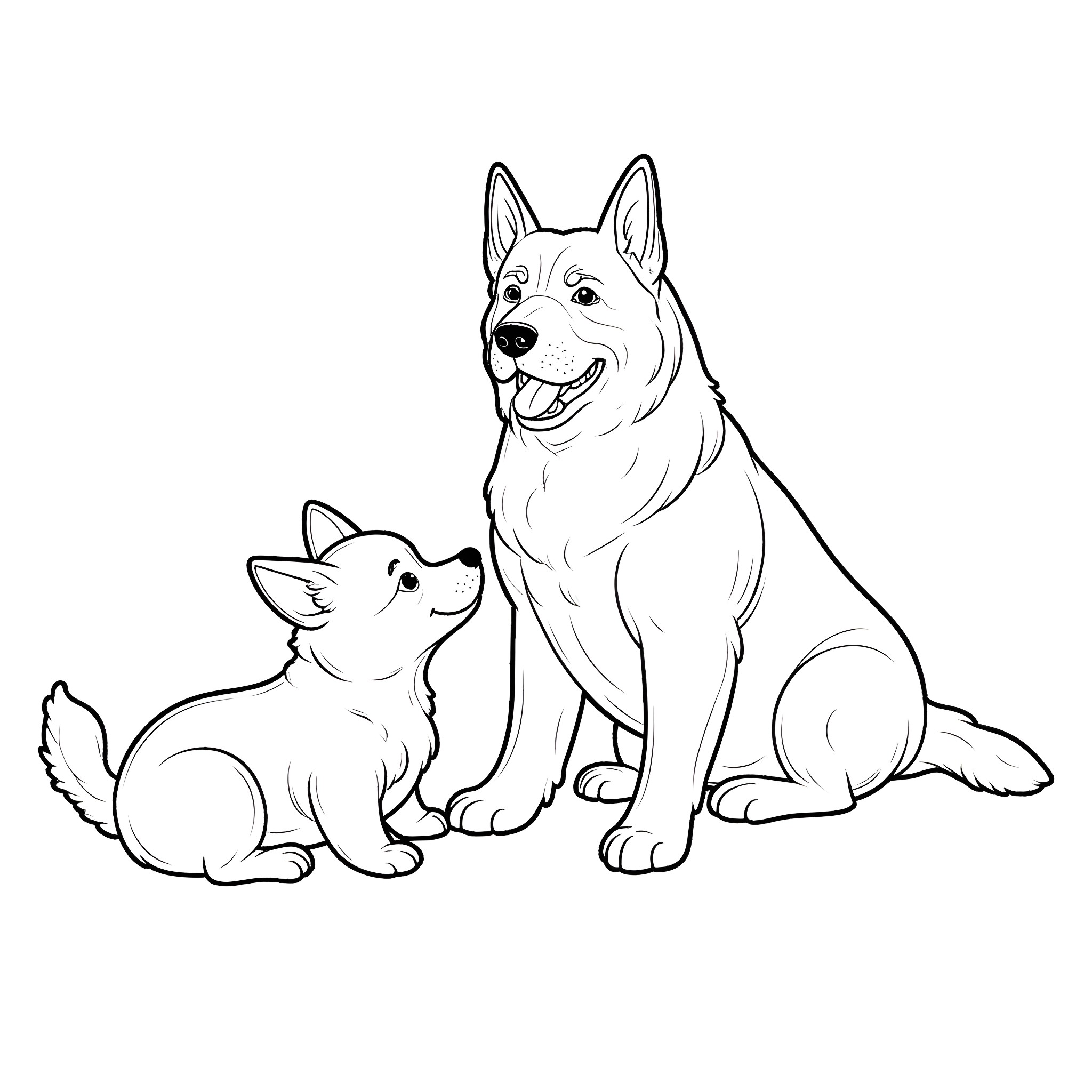 Rottweiler and puppy in friendly play Coloring Page (free black-and-white line drawing printable PDF for all, from beginners to advanced learners, including children, teens, adults, and seniors)