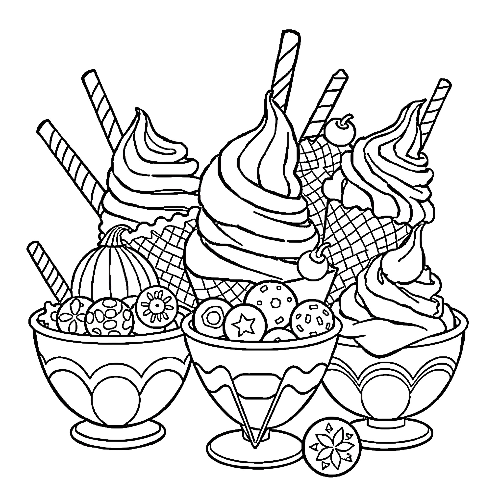 Ice Cream Treats and Desserts Coloring Page (free black-and-white line drawing printable PDF for all, from beginners to advanced learners, including children, teens, adults, and seniors)