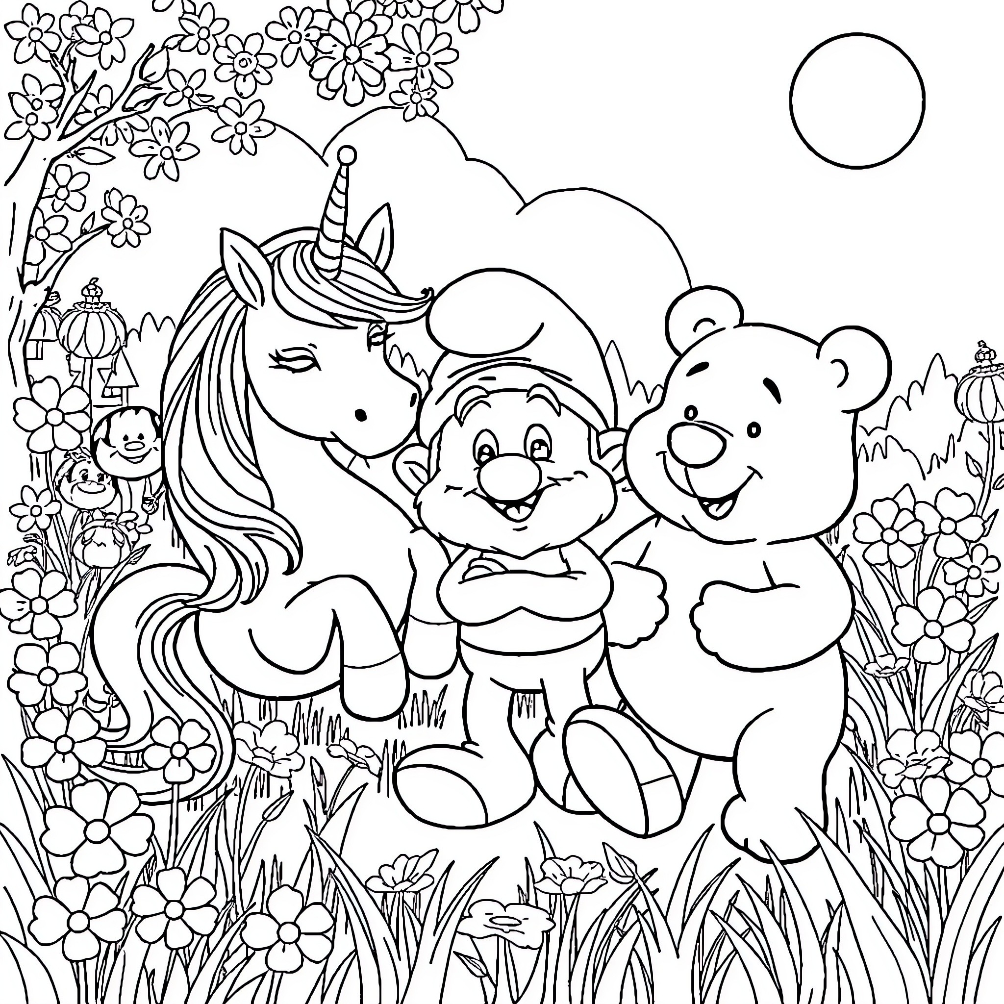 Unicorn playing with happy animals in magical garden Coloring Page (free black-and-white line drawing printable PDF for all, from beginners to advanced learners, including children, teens, adults, and seniors)