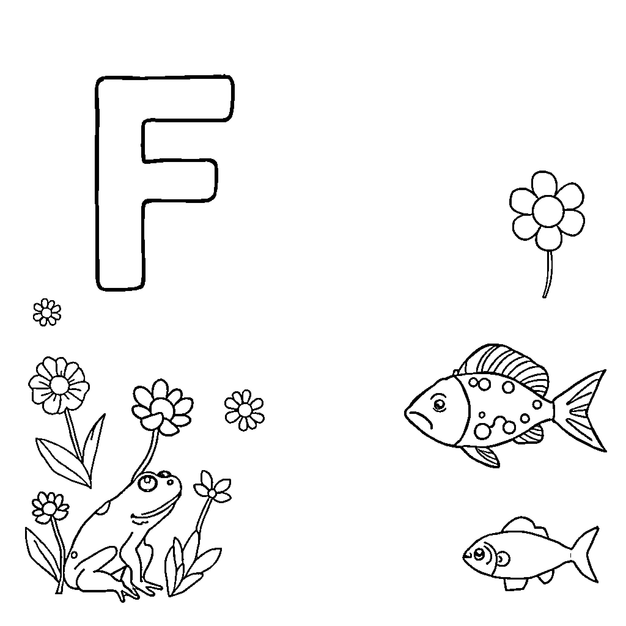 Letter F with floral and aquatic elements Coloring Page (free black-and-white line drawing printable PDF for all, from beginners to advanced learners, including children, teens, adults, and seniors)