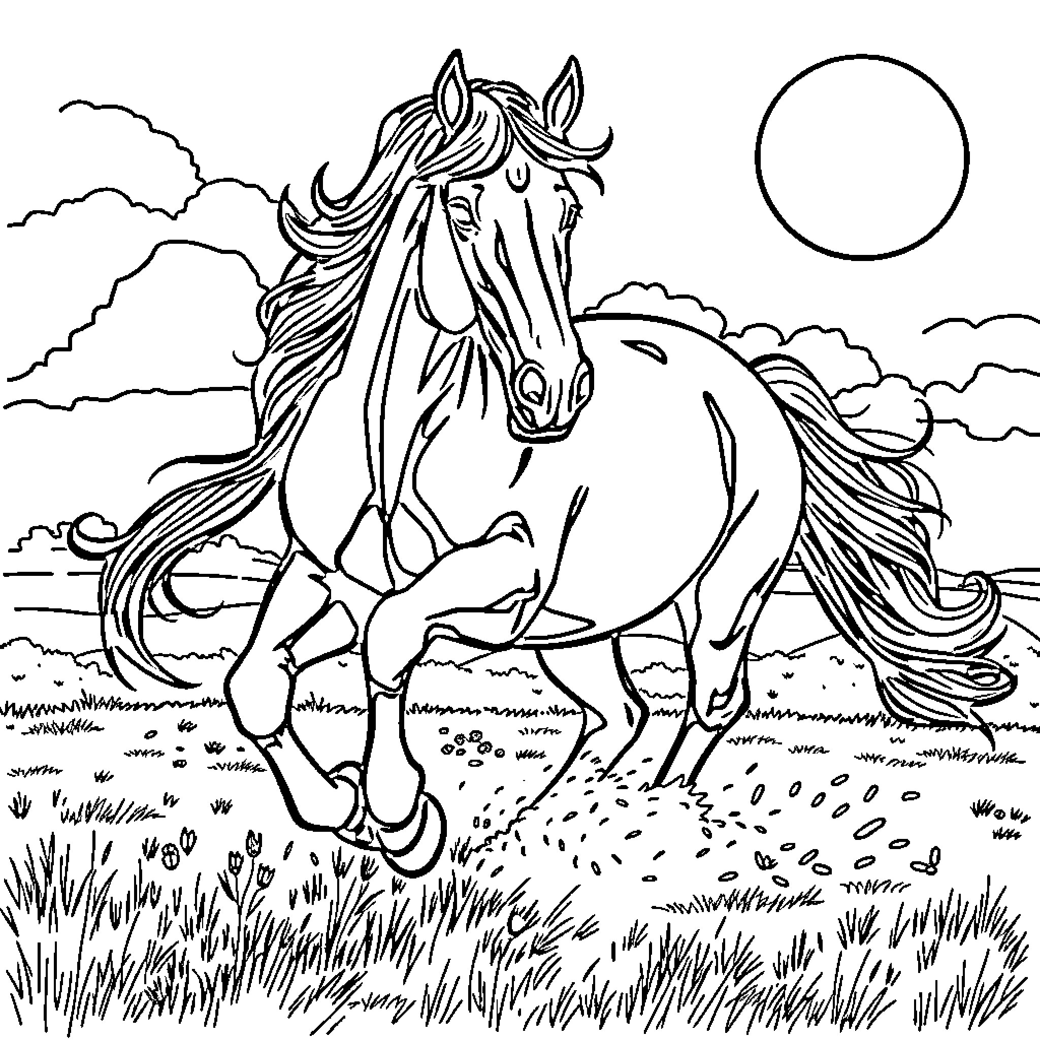 Frisian Horse galloping through a scenic landscape Coloring Page (free black-and-white line drawing printable PDF for all, from beginners to advanced learners, including children, teens, adults, and seniors)