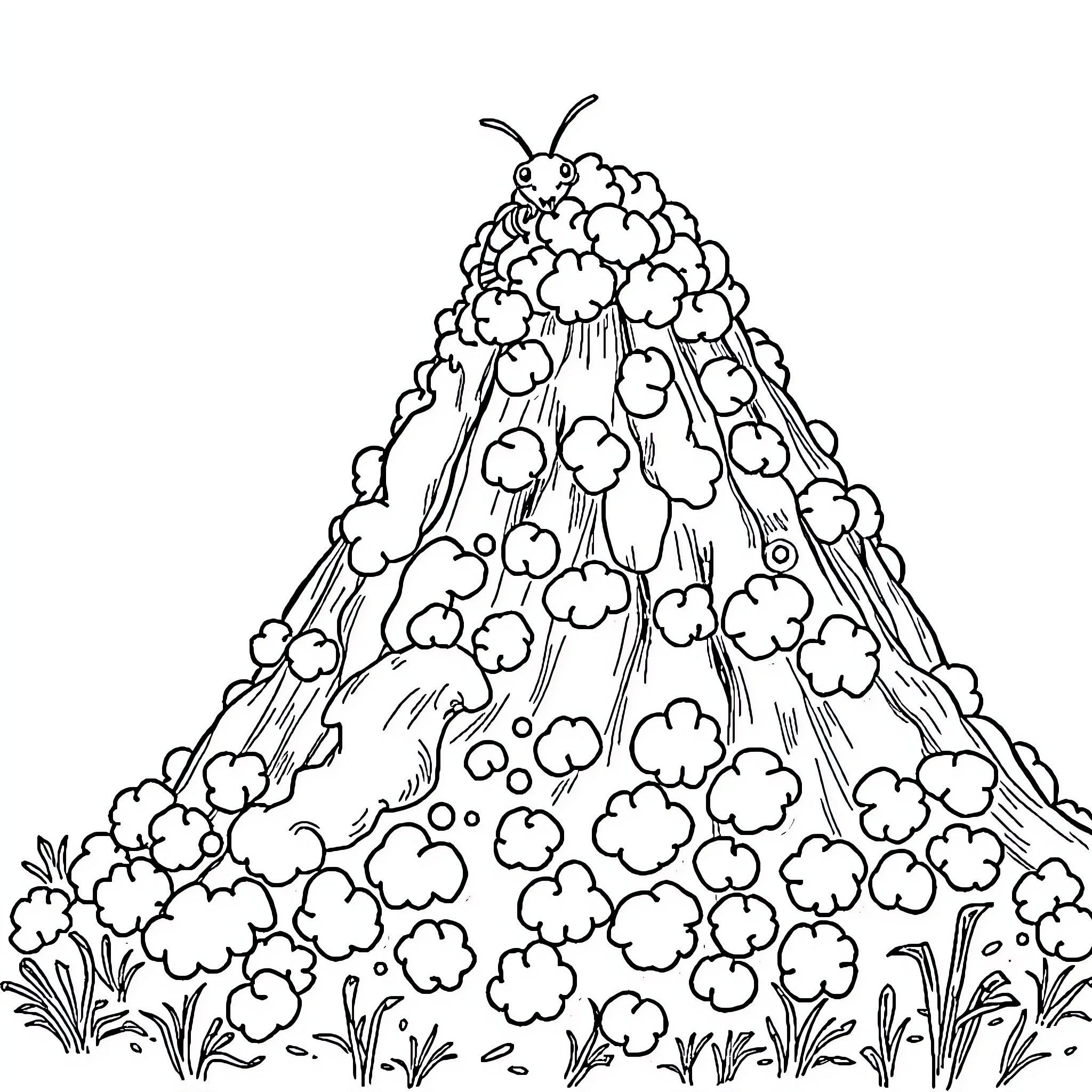 Ant exploring a blossoming flower mountain Coloring Page (free black-and-white line drawing printable PDF for all, from beginners to advanced learners, including children, teens, adults, and seniors)