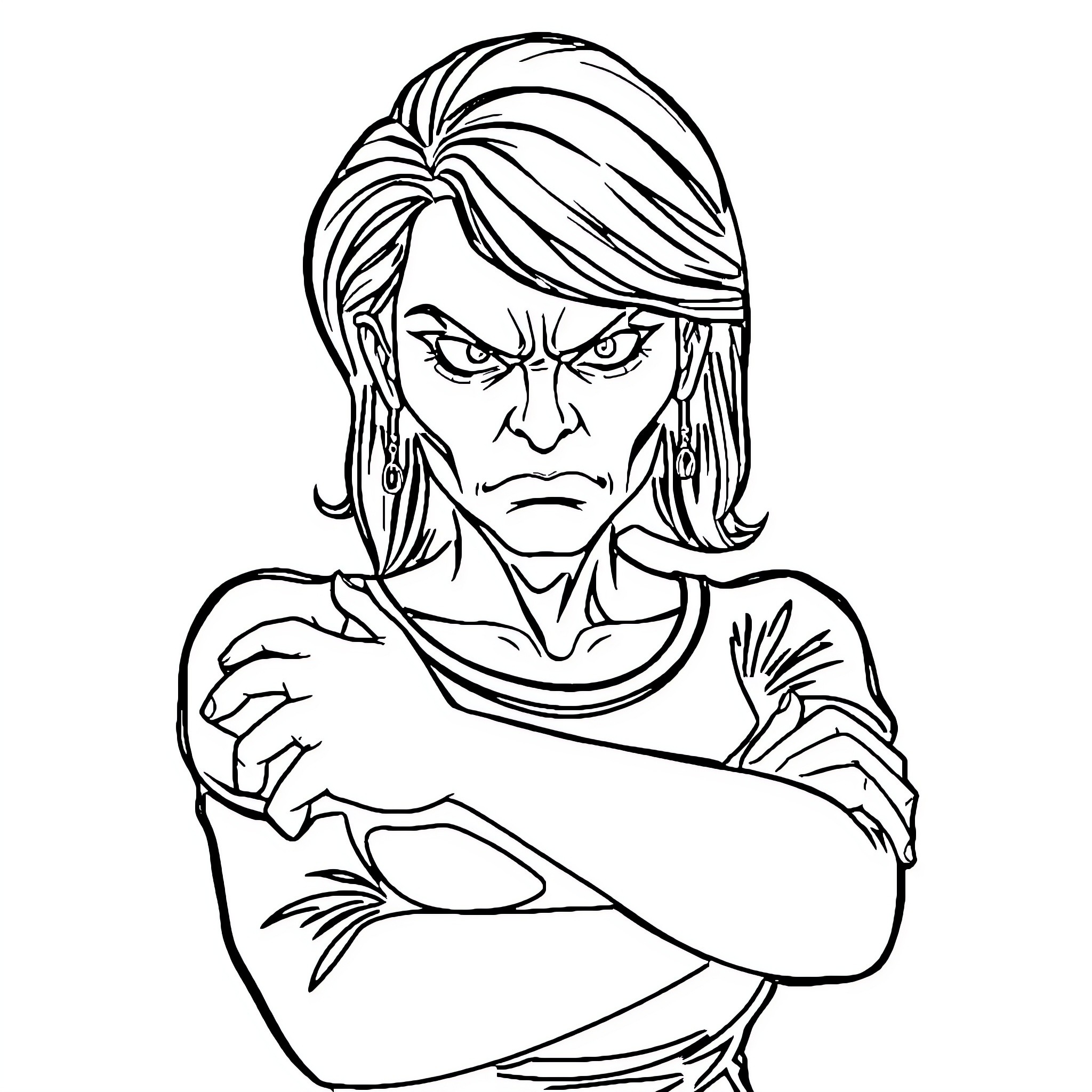 Wife's Intense Expression and Crossed Arms Coloring Page (free black-and-white line drawing printable PDF for all, from beginners to advanced learners, including children, teens, adults, and seniors)