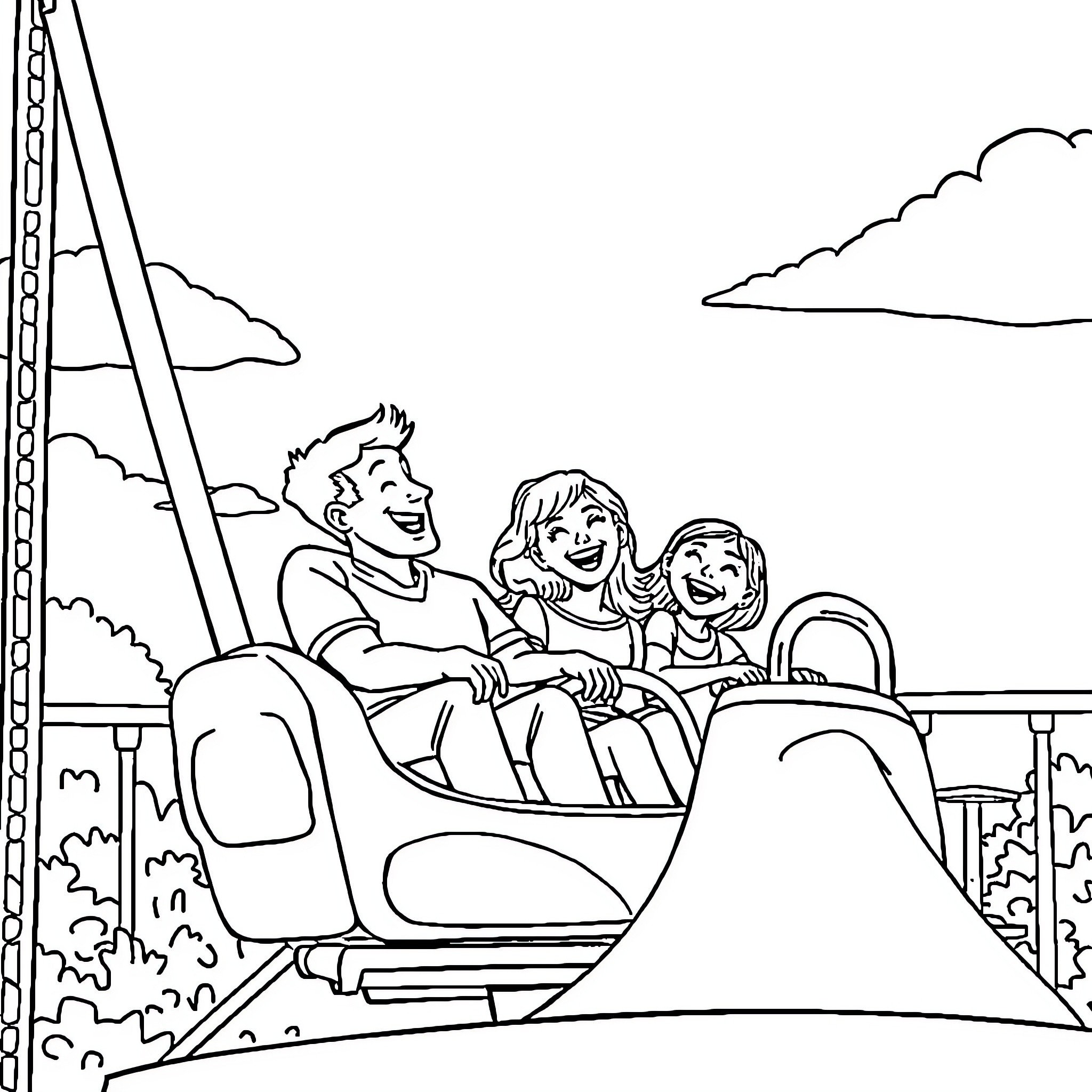 Family enjoying a ride on an amusement park attraction Coloring Page (free black-and-white line drawing printable PDF for all, from beginners to advanced learners, including children, teens, adults, and seniors)