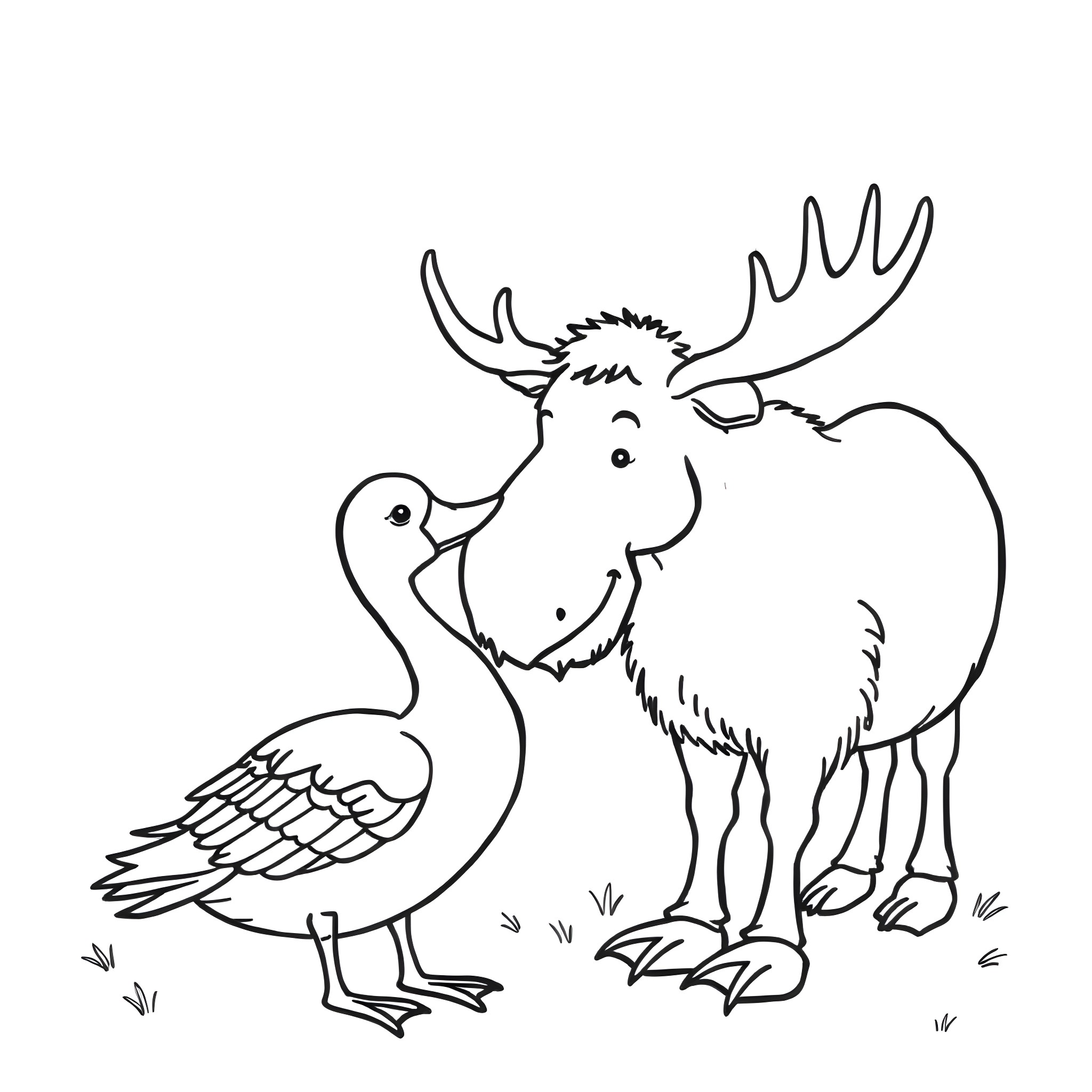 Moose and duck standing together in the field Coloring Page (free black-and-white line drawing printable PDF for all, from beginners to advanced learners, including children, teens, adults, and seniors)
