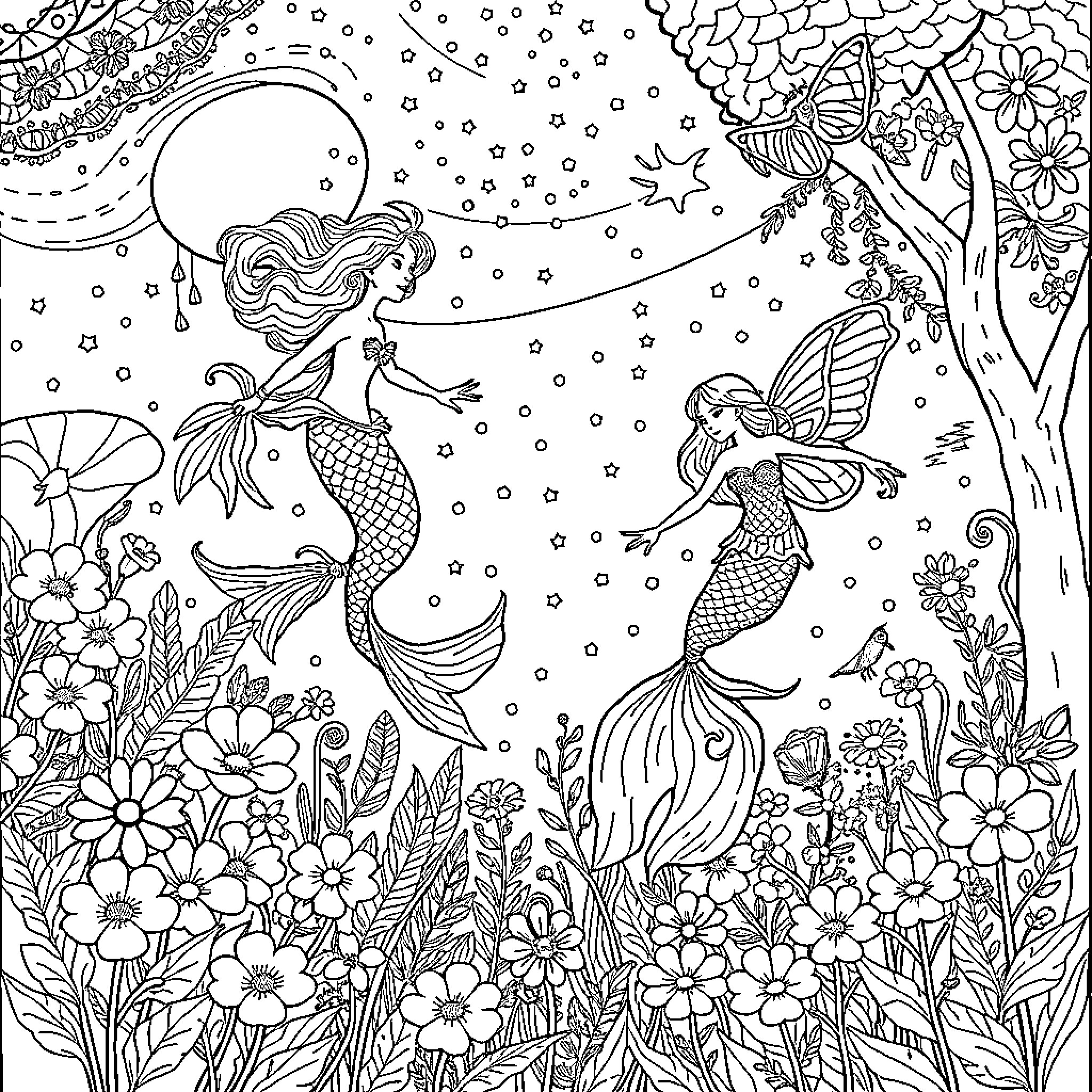 Mermaid and Fairy Enchanting Underwater Garden Coloring Page (free black-and-white line drawing printable PDF for all, from beginners to advanced learners, including children, teens, adults, and seniors)