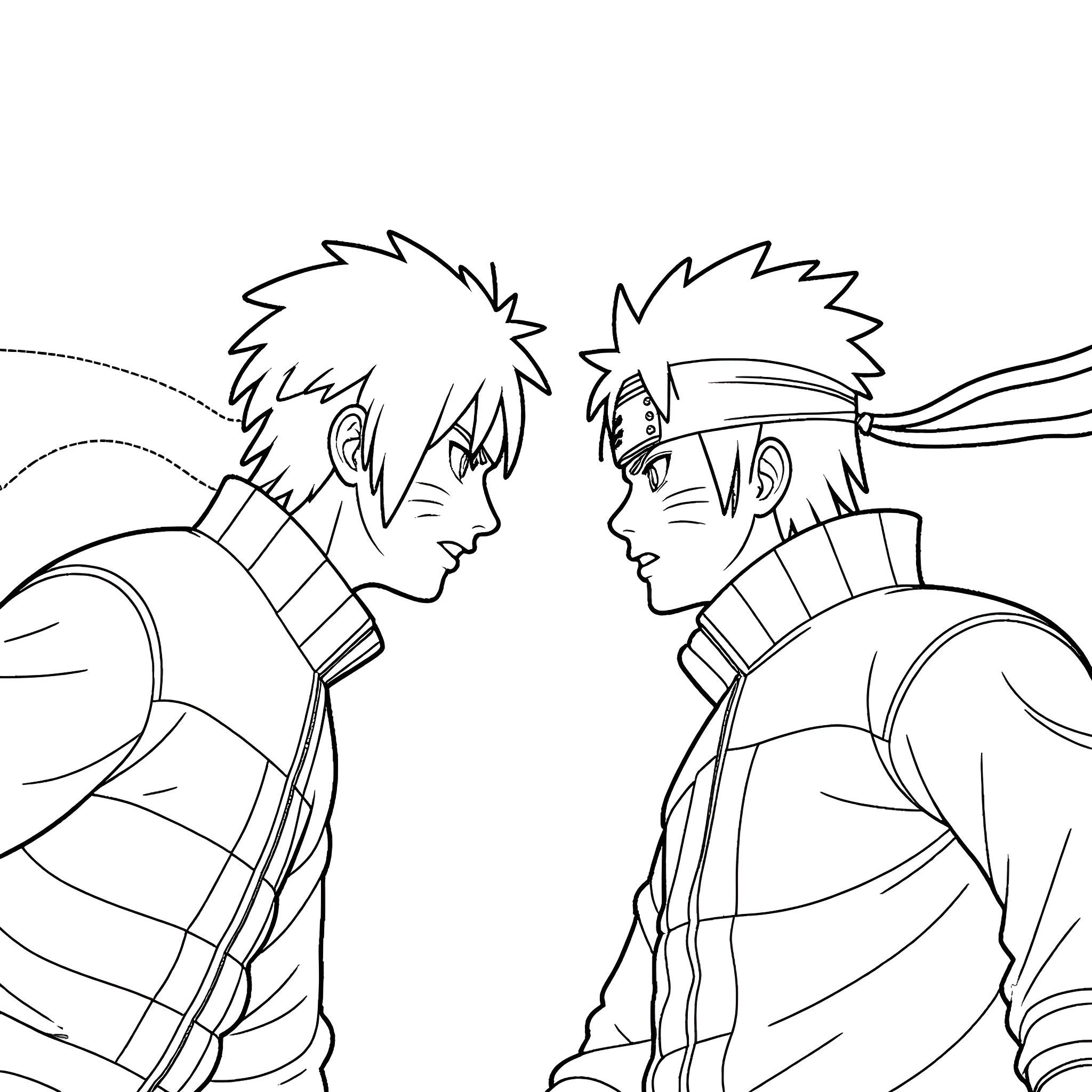 Naruto characters facing off in intense battle Coloring Page (free black-and-white line drawing printable PDF for all, from beginners to advanced learners, including children, teens, adults, and seniors)