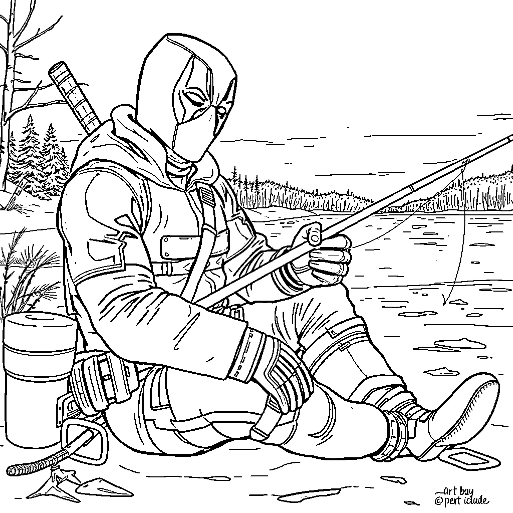 Deadpool fishing in the wilderness Coloring Page (free black-and-white line drawing printable PDF for all, from beginners to advanced learners, including children, teens, adults, and seniors)