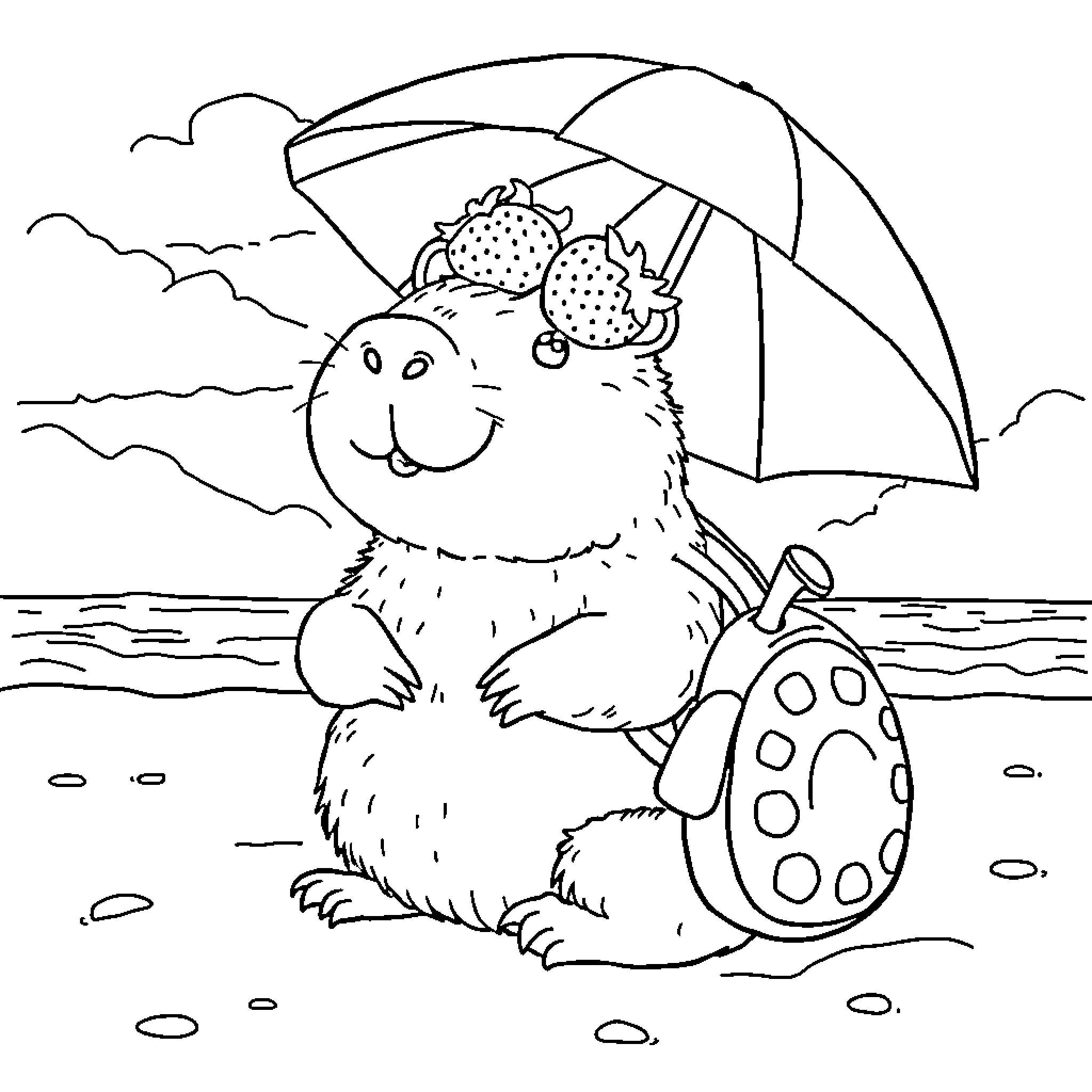 Capybara enjoying a sunny day at the beach Coloring Page (free black-and-white line drawing printable PDF for all, from beginners to advanced learners, including children, teens, adults, and seniors)