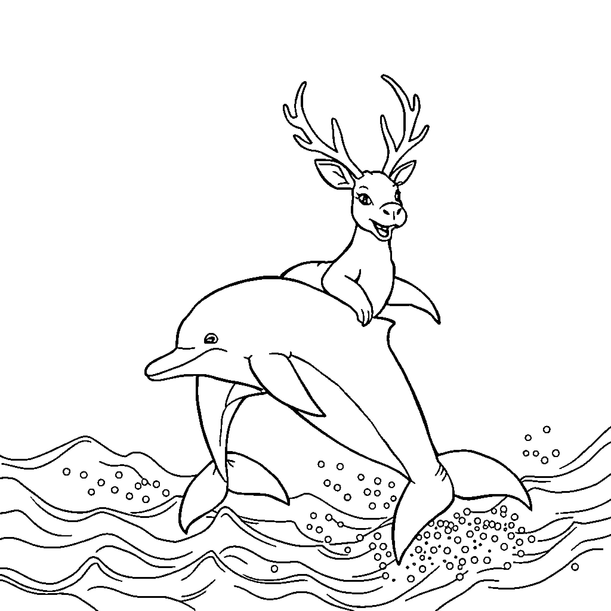 Jackalope riding a friendly dolphin in the ocean Coloring Page (free black-and-white line drawing printable PDF for all, from beginners to advanced learners, including children, teens, adults, and seniors)