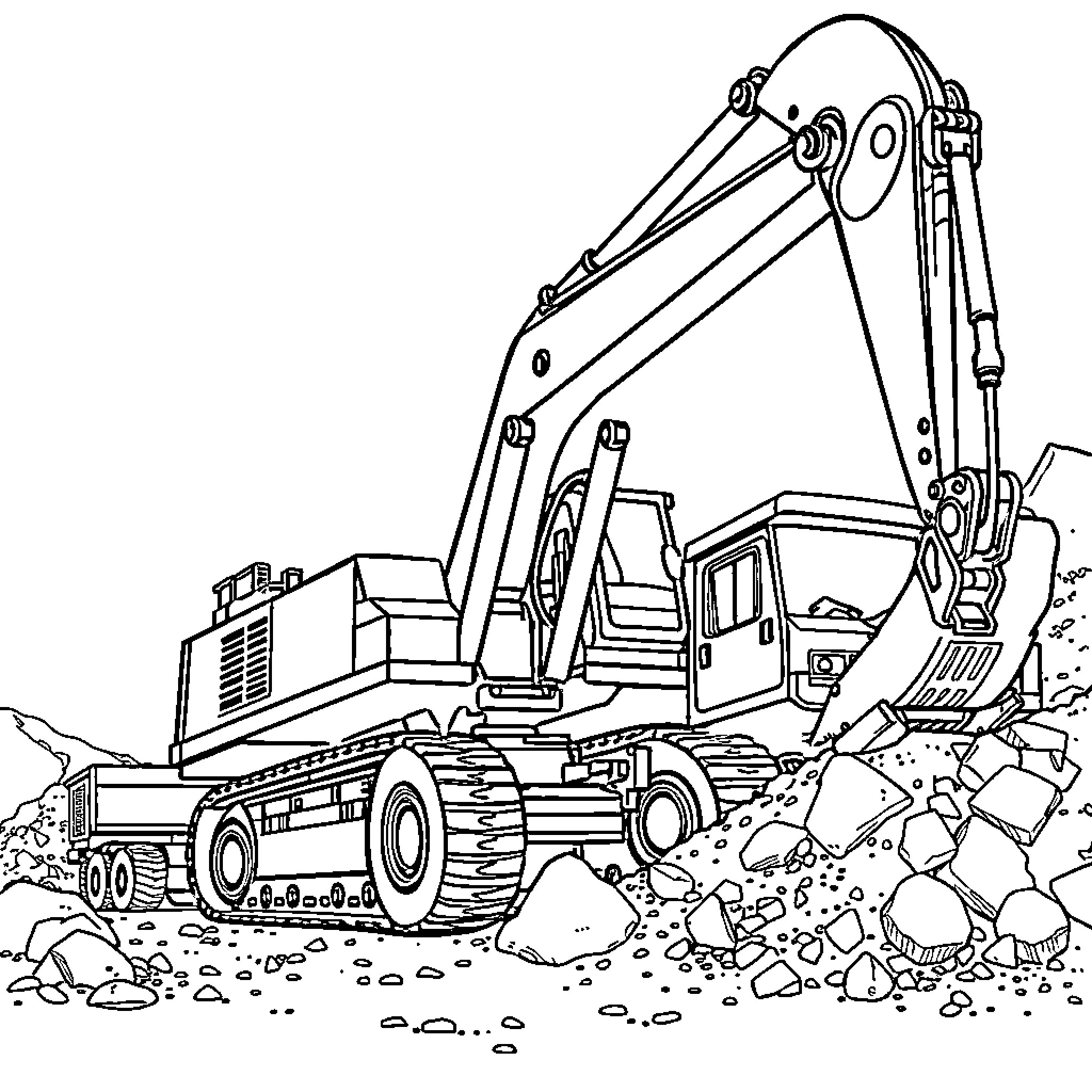 Excavator moving heavy machinery on construction site Coloring Page (free black-and-white line drawing printable PDF for all, from beginners to advanced learners, including children, teens, adults, and seniors)